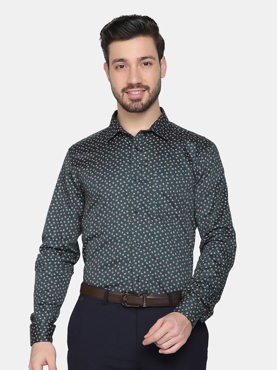

Blackberrys Men Green Slim Fit Printed Cotton Formal Shirt