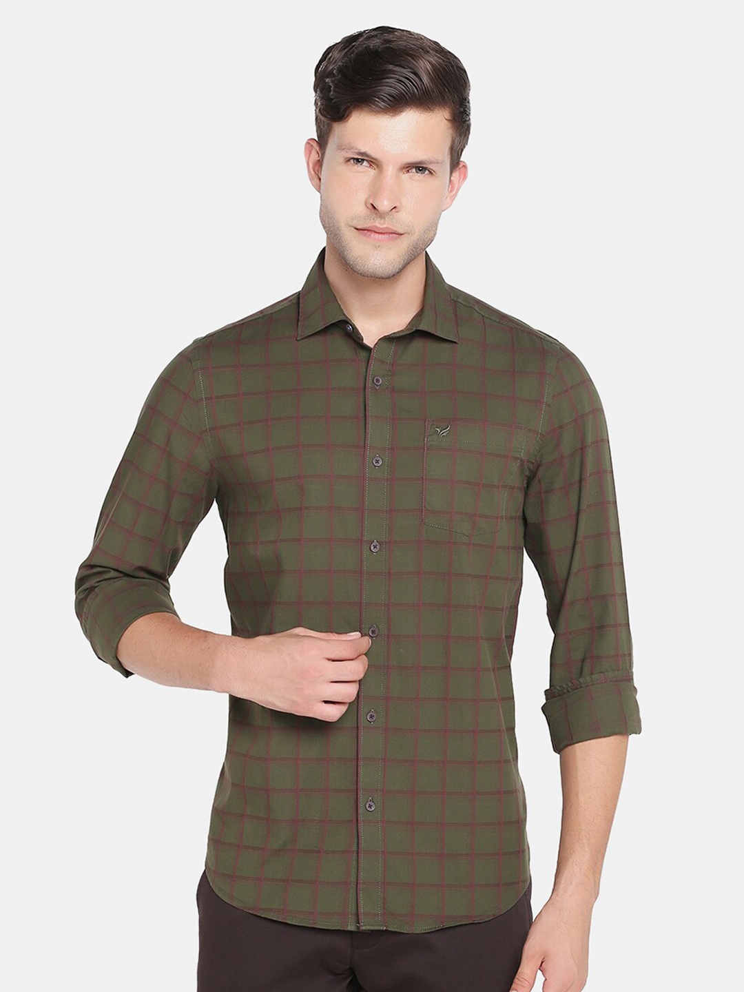 

Blackberrys Men Olive Green Slim Fit Grid Tattersall Checks Casual Shirt