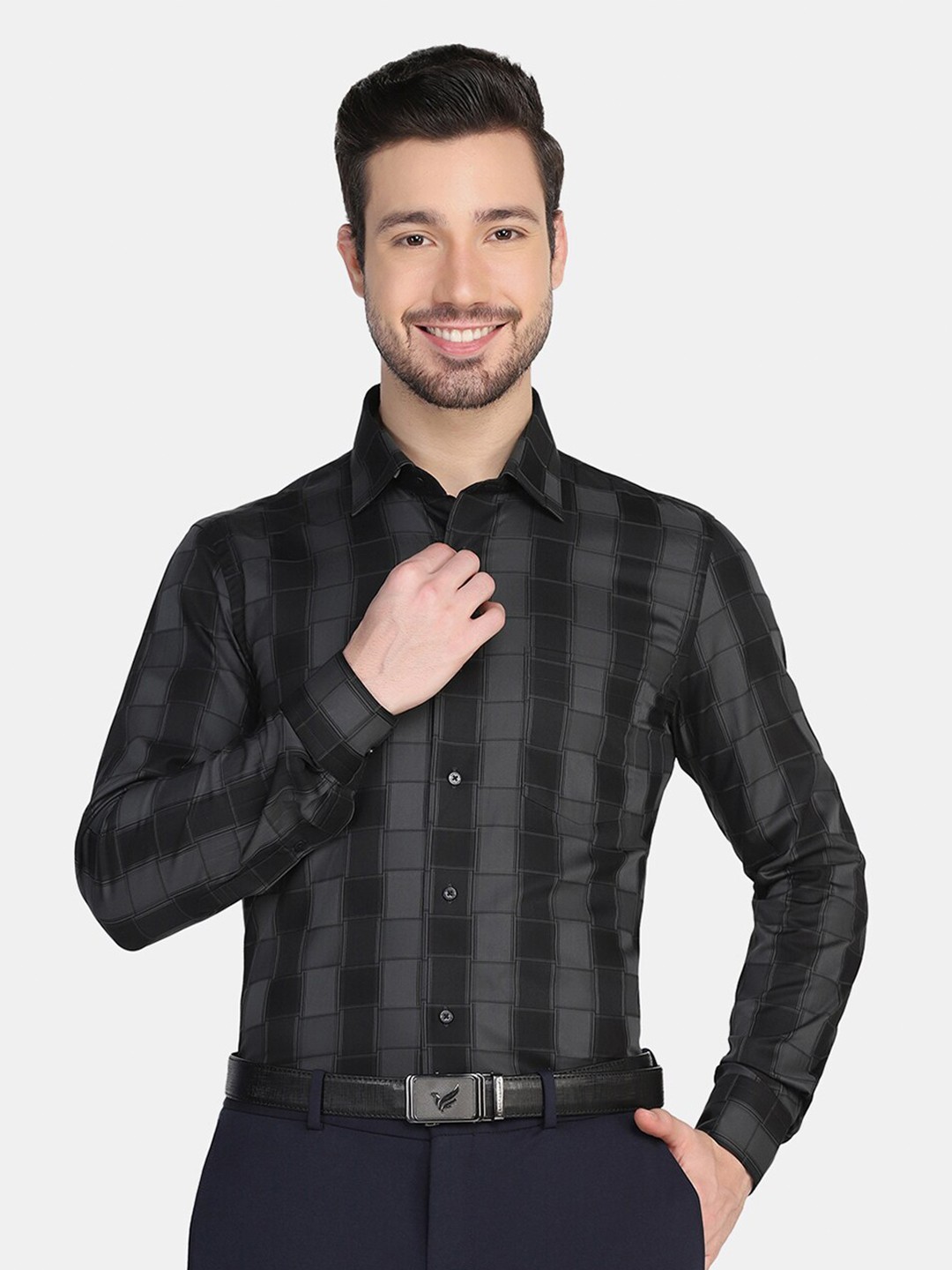 

Blackberrys Men Slim Fit Buffalo Checks Opaque Checked Formal Shirt, Grey