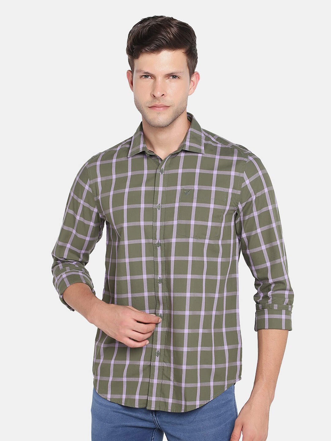 

Blackberrys Men Olive Green Slim Fit Tartan Checked Pure Cotton Casual Shirt