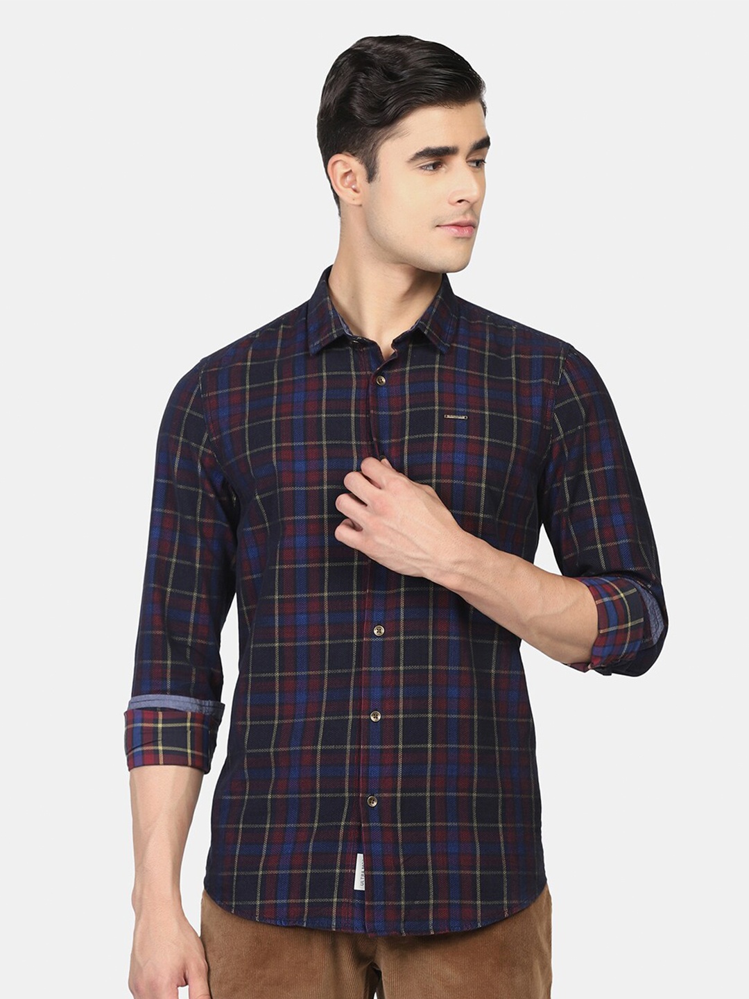 

Blackberrys Men Navy Blue Slim Fit Tartan Checks Opaque Checked Casual Shirt