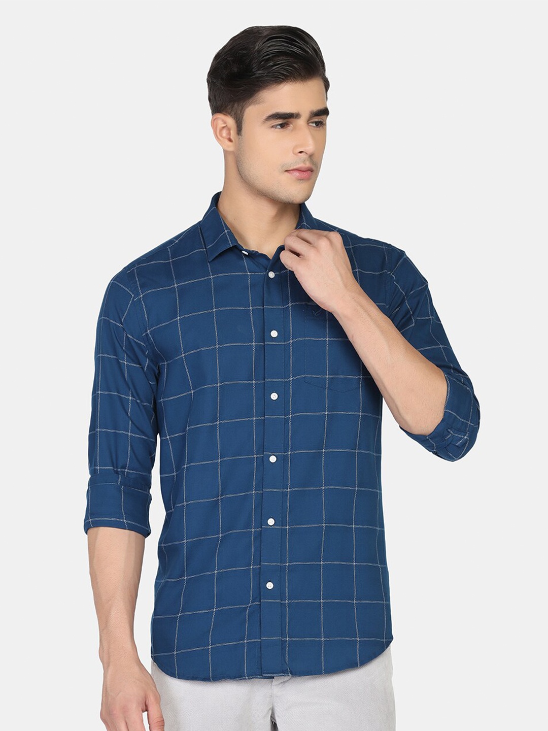 

Blackberrys Men Blue Windowpane Checks Checked Pure Cotton Slim Fit Casual Shirt