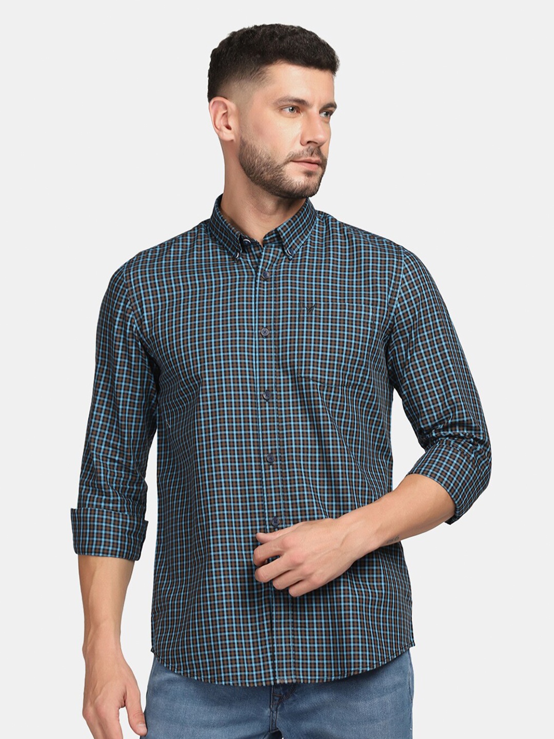 

Blackberrys Men Blue Tartan Checks Checked Pure Cotton Slim Fit Casual Shirt