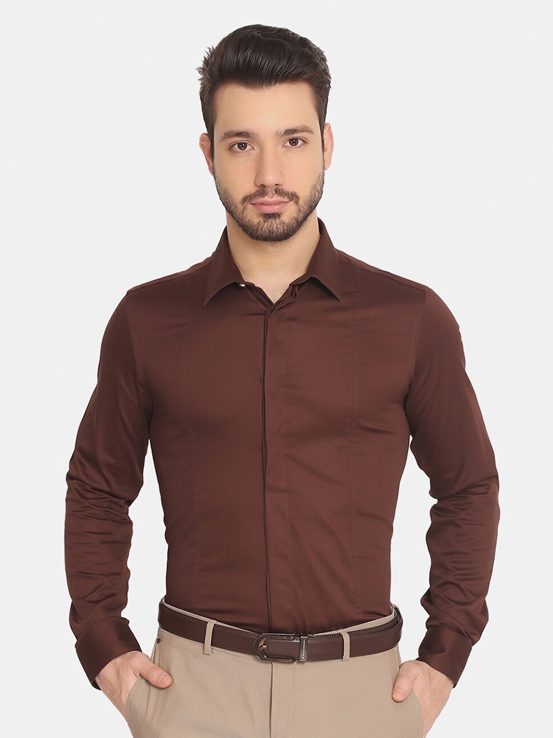 Blackberrys Men Brown Solid Pure Cotton Slim Fit Formal Shirt