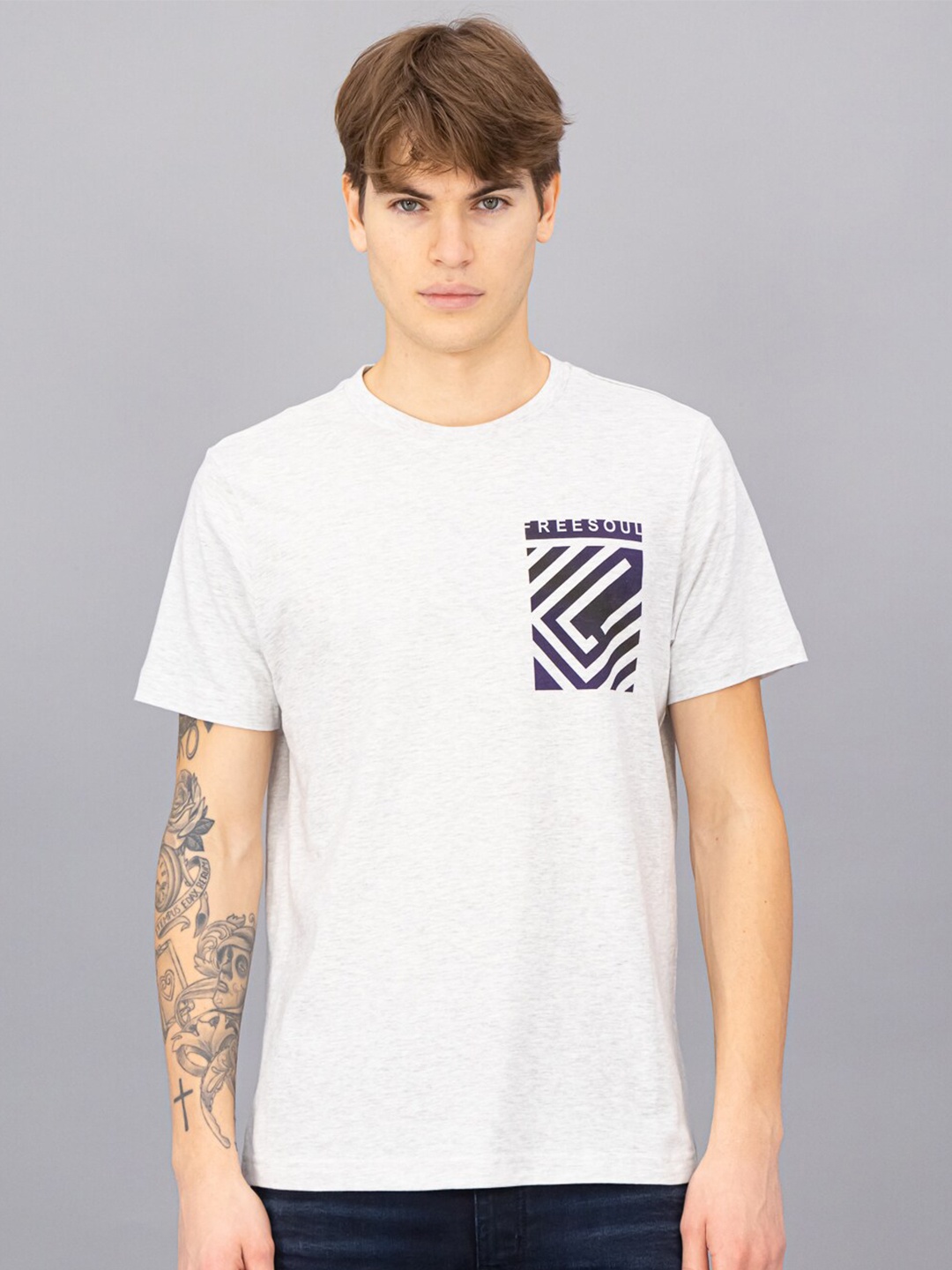 

FREESOUL Men Off White Printed Round Neck T-shirt