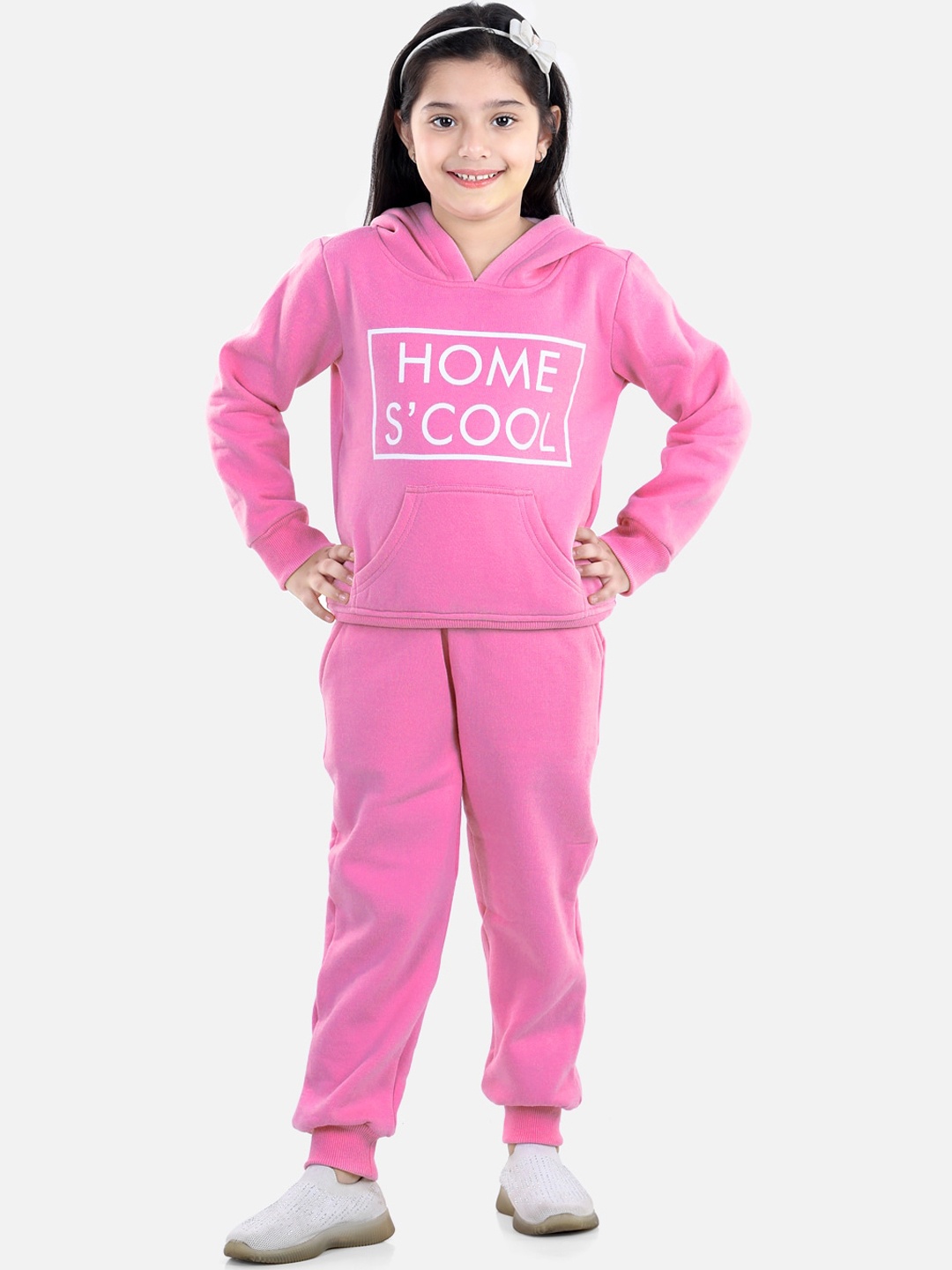 

StyleStone Girls Pink & White Printed Hooded Fleece Tracksuit