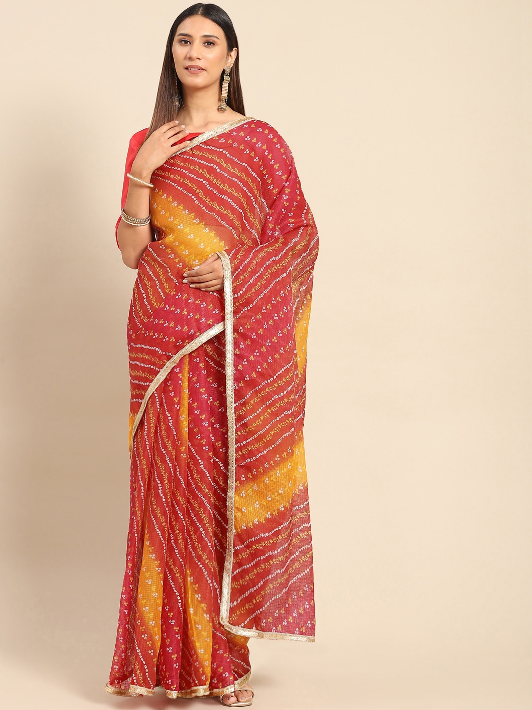 

Yufta Red Ethnic Motifs Printed Gotta Patti Saree