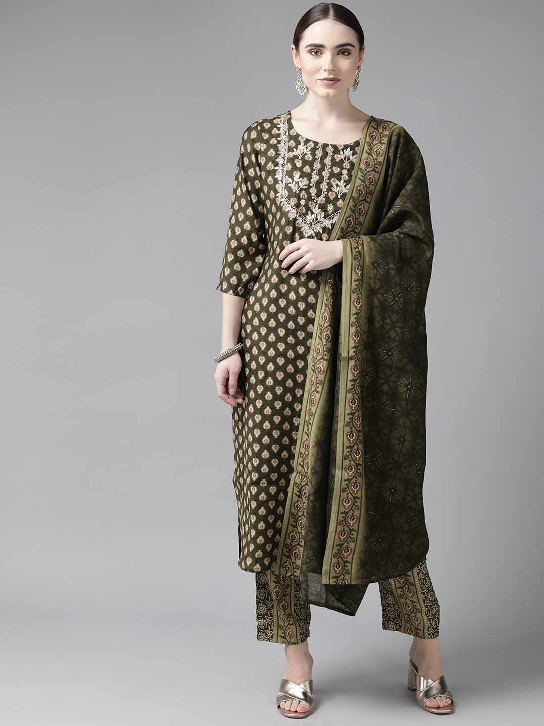 

Yufta Women Green Ethnic Motifs Printed Gotta Patti Kurta with Trousers & Dupatta