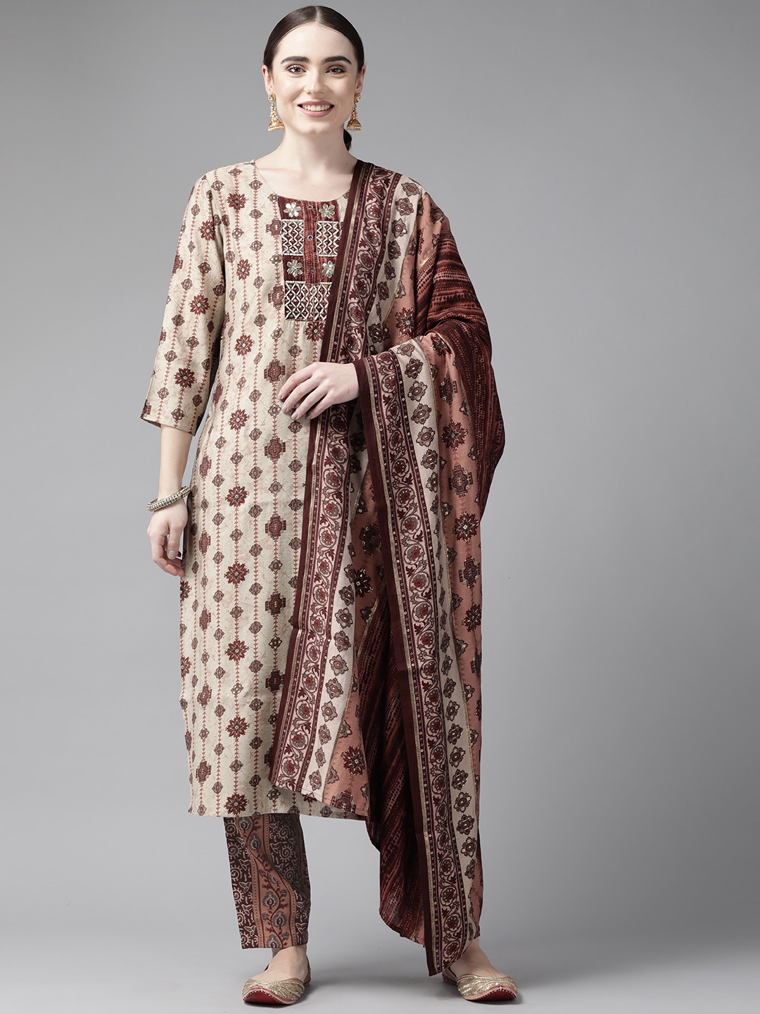 

Yufta Women Beige & Brown Ethnic Motifs Printed Mirror Work Kurta with Trousers & Dupatta