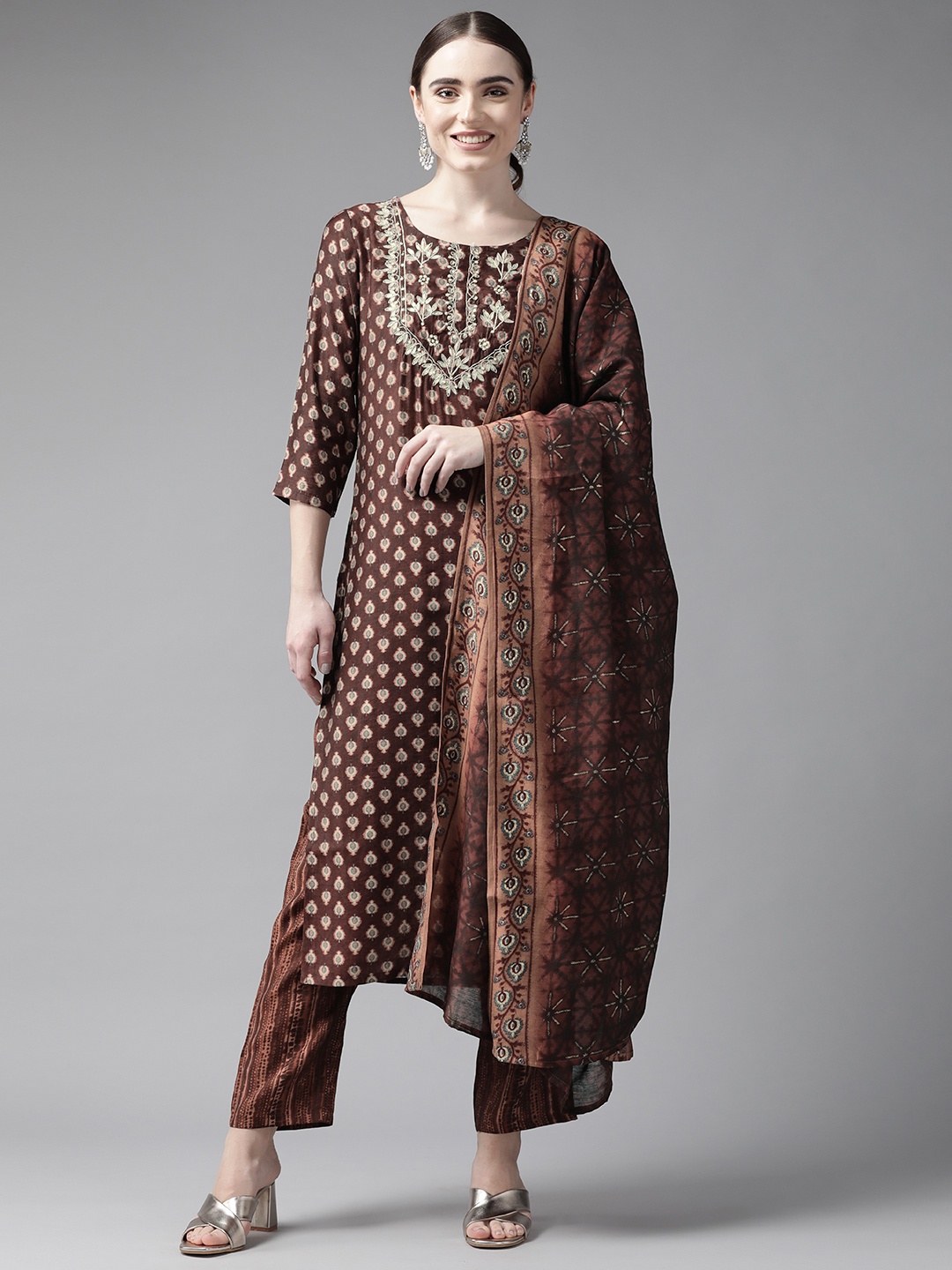 

Yufta Women Brown Ethnic Motifs Beads & Stones Kurta with Trousers & With Dupatta