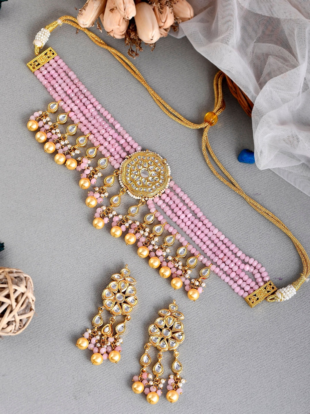 

DASTOOR Gold-Plated & Pink Kundan & Bead Studded Designer Jewellery Set