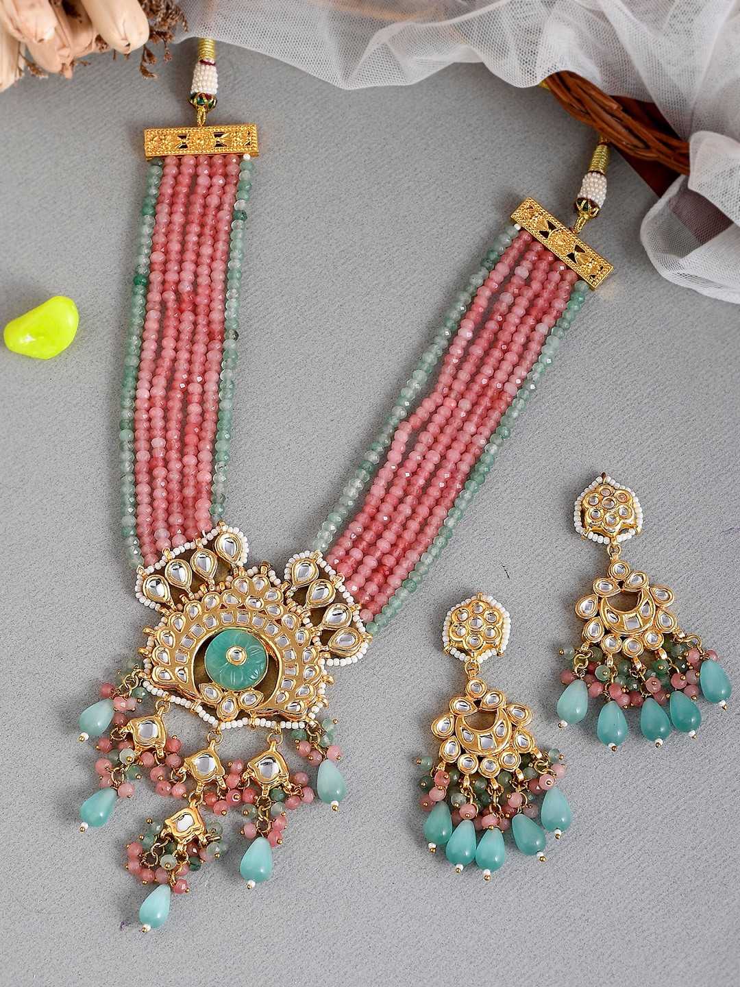 

DASTOOR Gold-Plated Pink & Green Kundan-Studded & Beaded Jewellery set