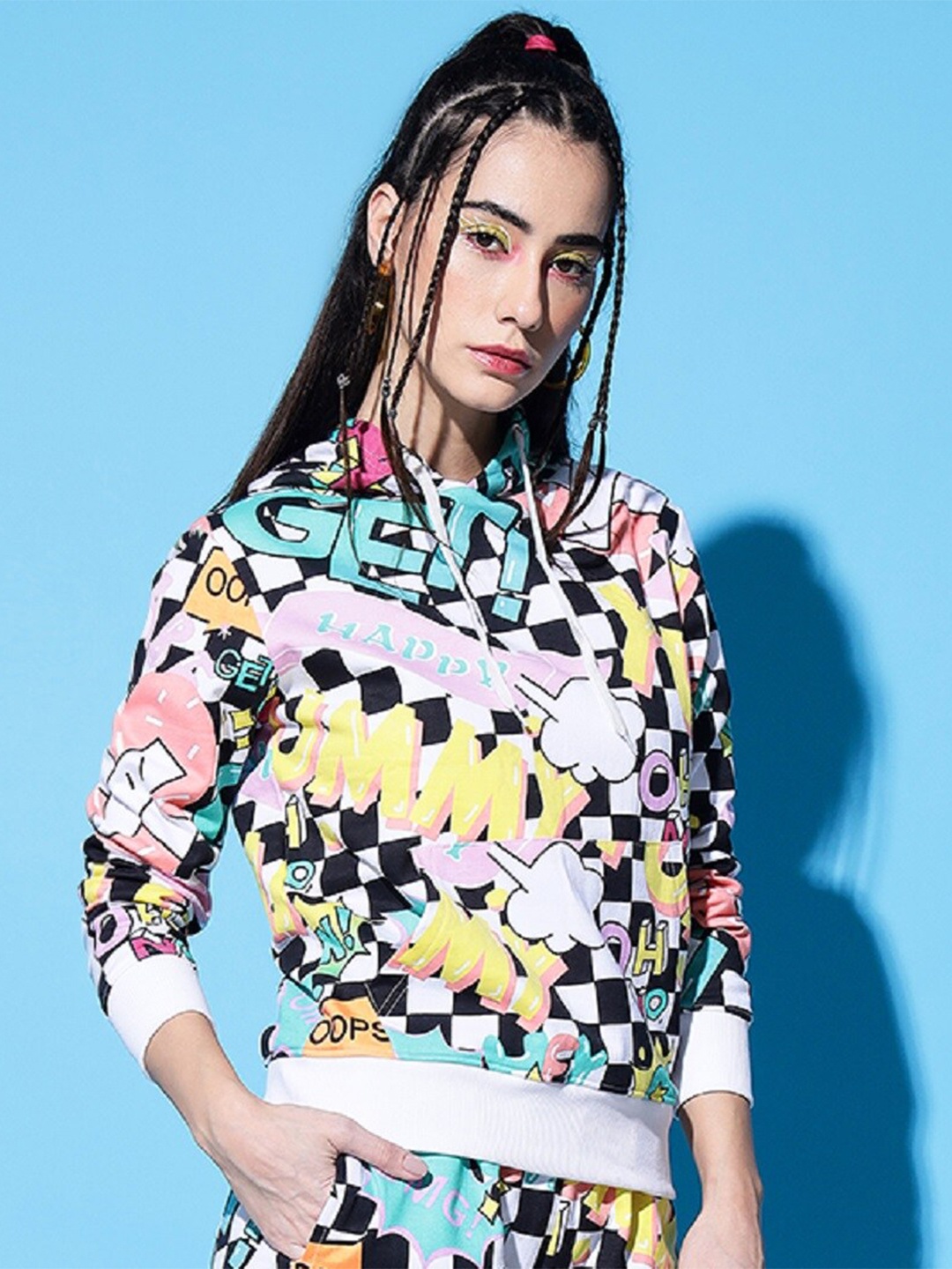 

The Dry State Women Multicoloured Printed Hooded Sweatshirt, Black