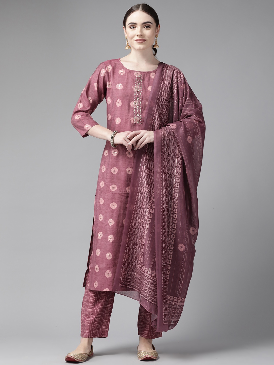 

Yufta Women Burgundy & Beige Printed Sequinned Kurta with Trousers & Dupatta