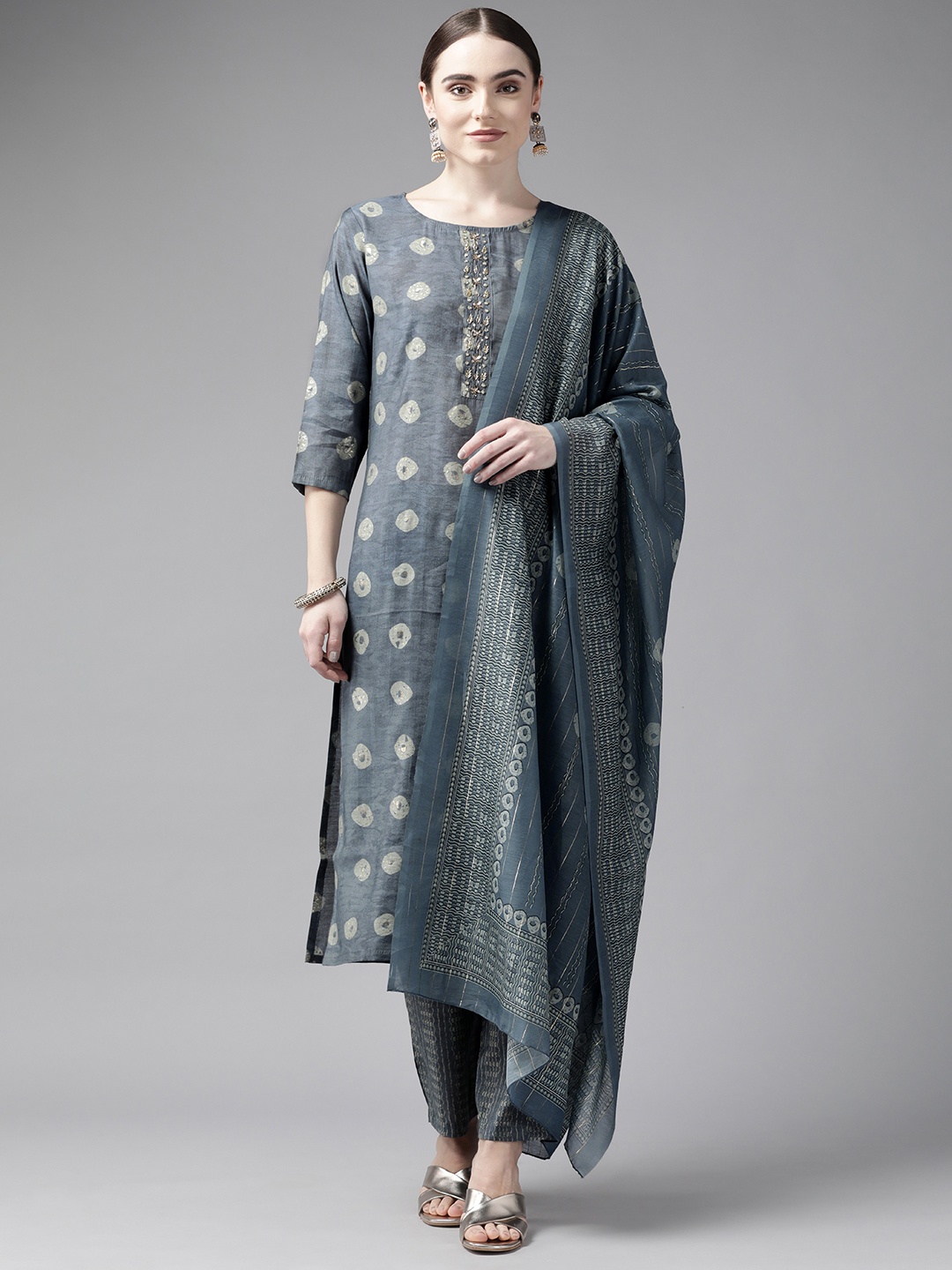 

Yufta Women Grey Printed Sequinned Kurta with Trousers & Dupatta