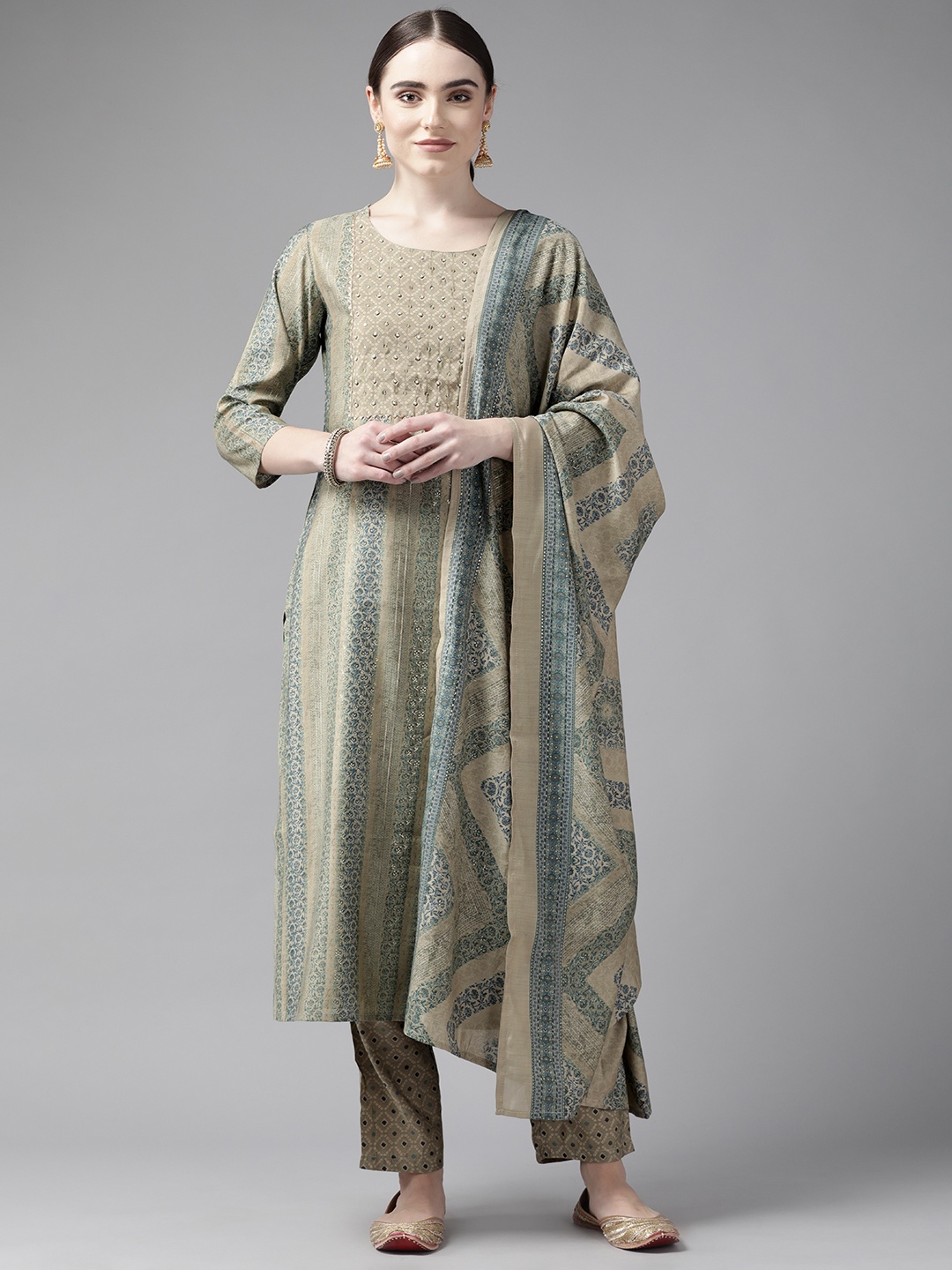 

Yufta Women Green Ethnic Motifs Printed Sequinned Kurta with Trousers & Dupatta