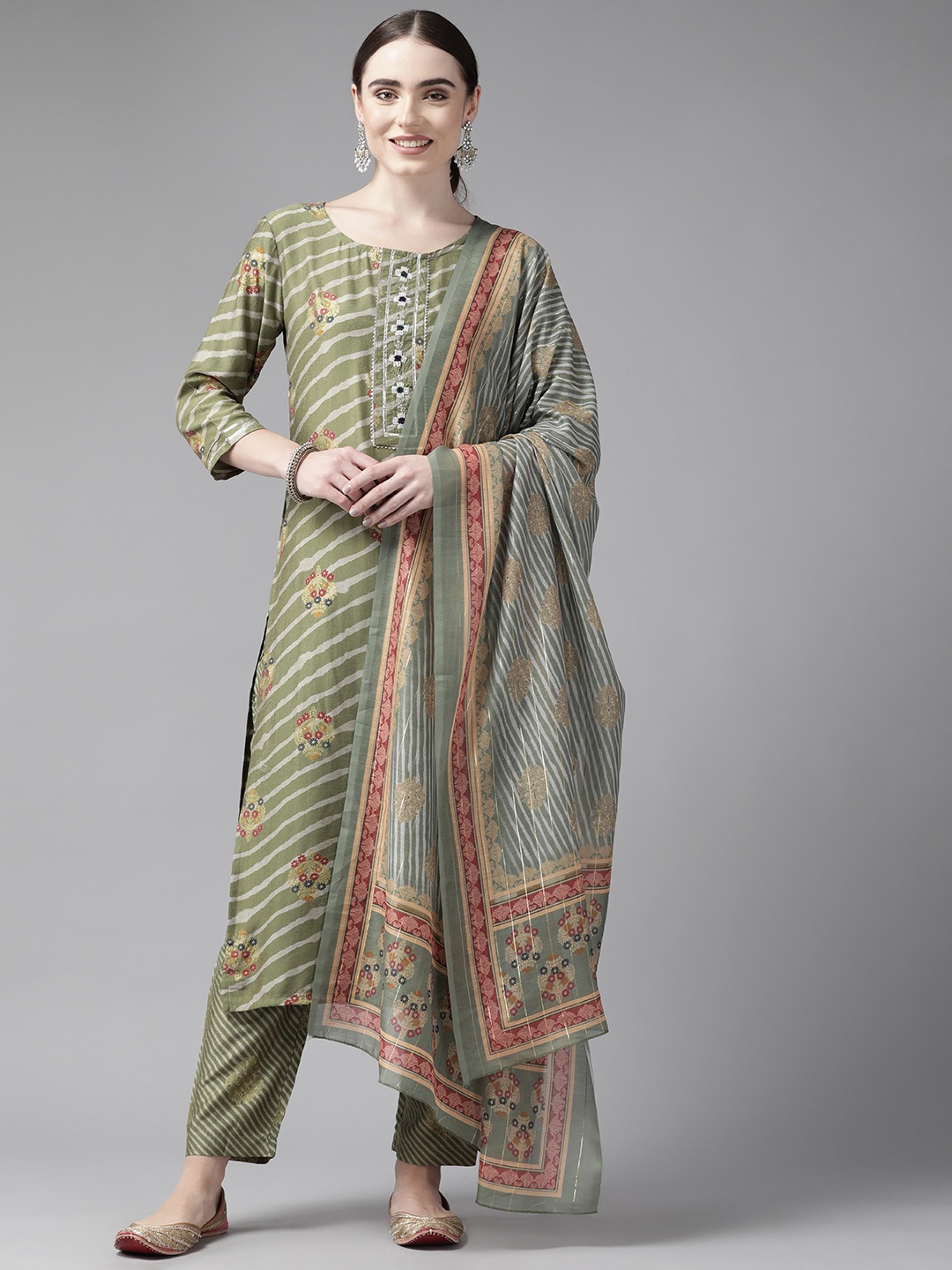 

Yufta Women Green Ethnic Motifs Printed Beads & Stones Kurta with Trousers & With Dupatta