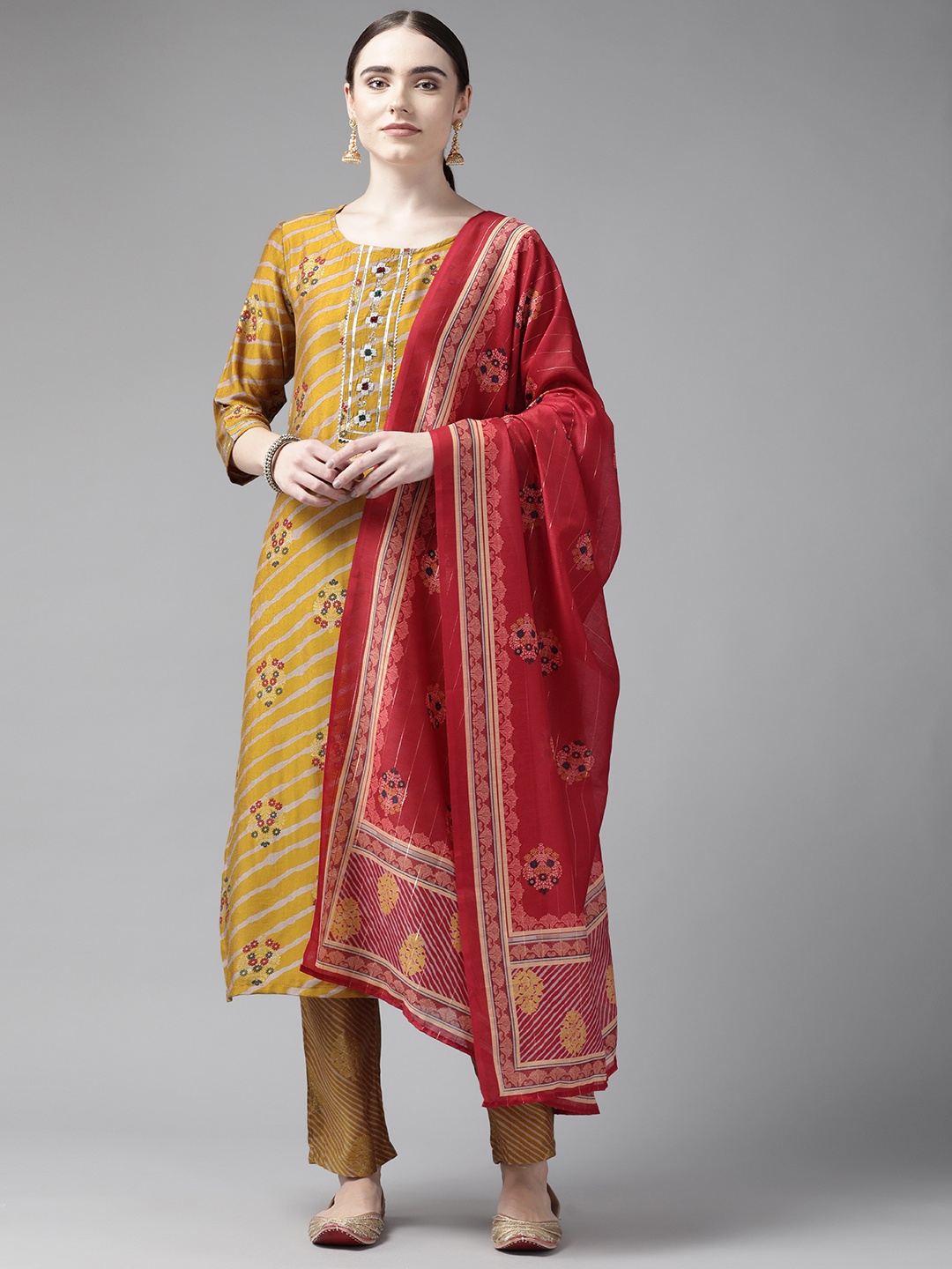 

Yufta Women Mustard Ethnic Motifs Beads & Stones Kurta with Trousers & With Dupatta