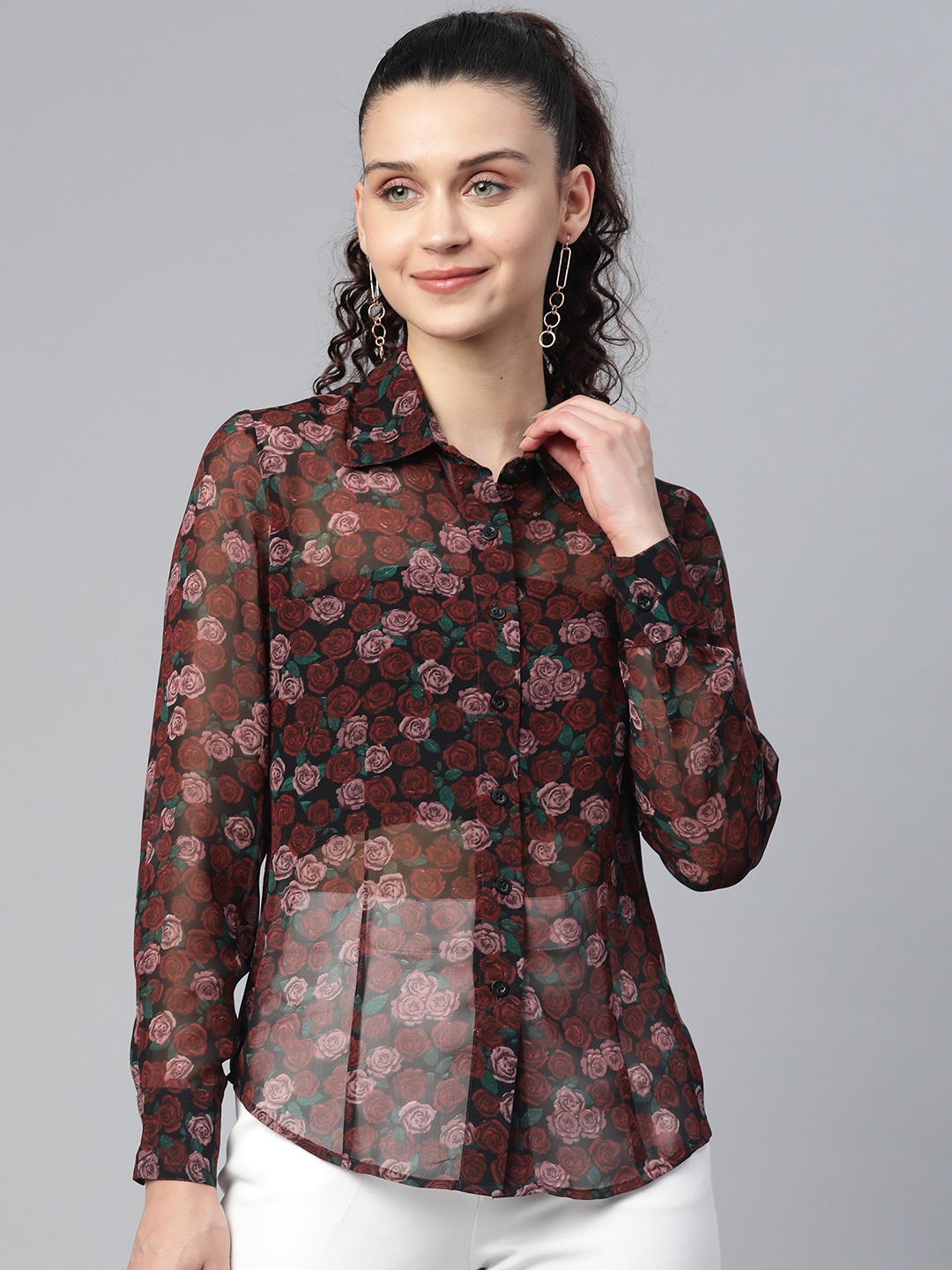 

PowerSutra Women Maroon Comfort Floral Semi Sheer Printed Casual Shirt