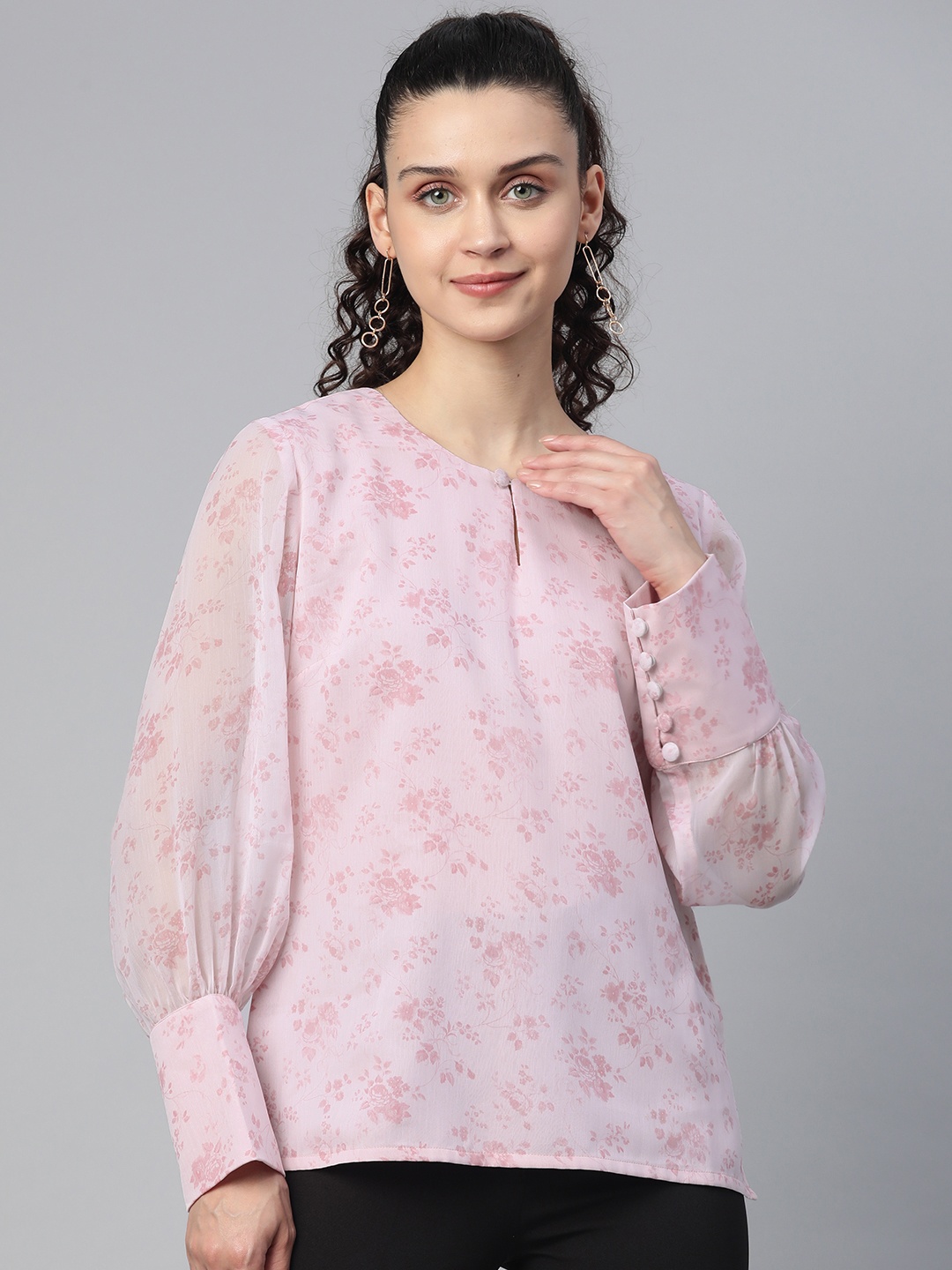 

PowerSutra Pink Floral Keyhole Neck Chiffon Blouson Top