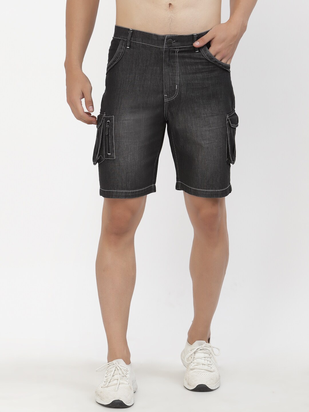 

SAPPER Men Black Washed Washed Outdoor Cotton Denim Shorts