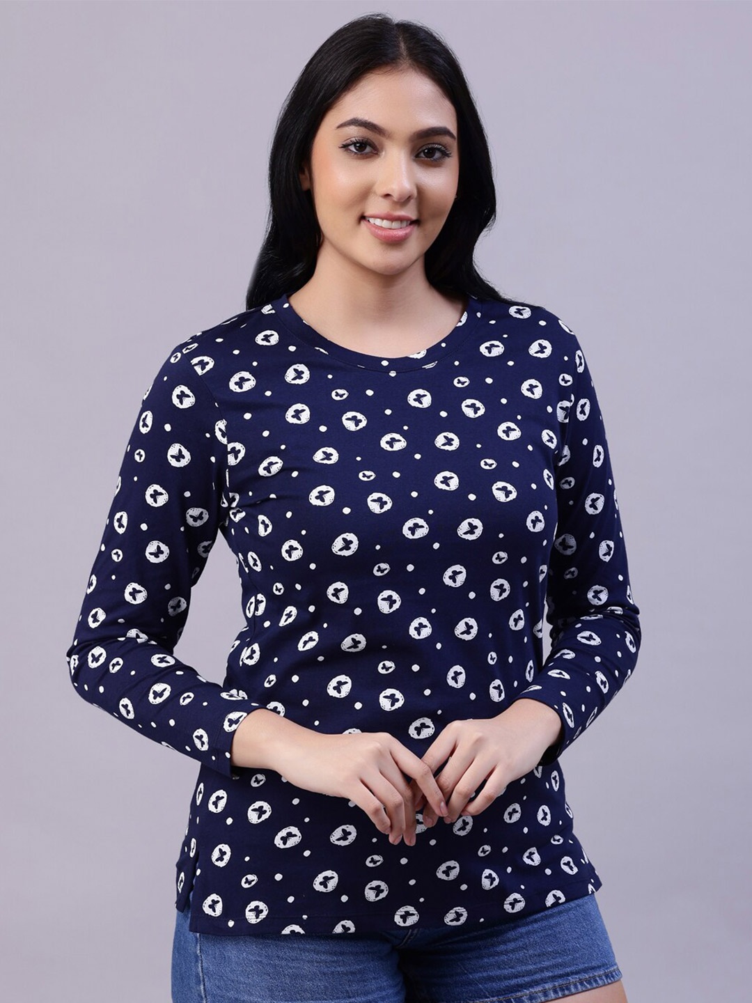 

TITTLI Women Navy Blue Printed Cotton T-shirt