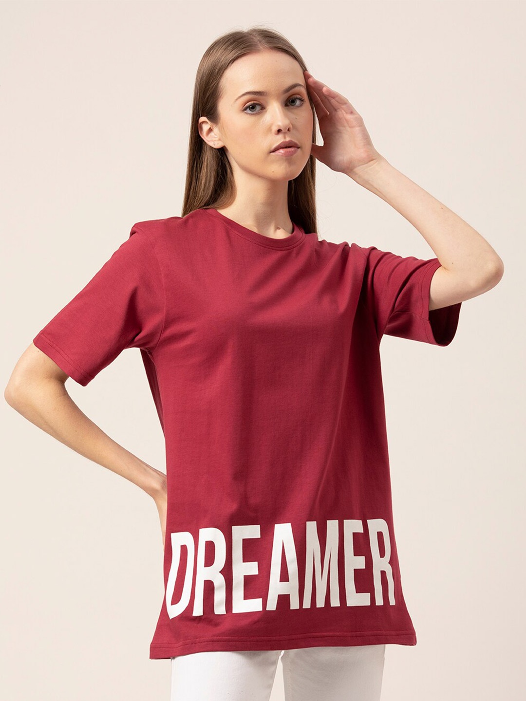 

Lounge Dreams Women Maroon Typography Printed Oversized Pure Cotton T-shirt