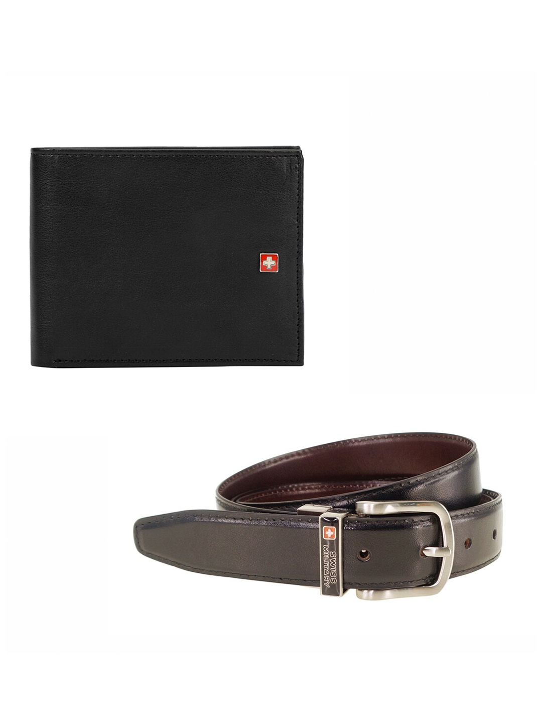

SWISS MILITARY Men Set Of 2 Black & Brown Leather Two Fold Wallet & Belt