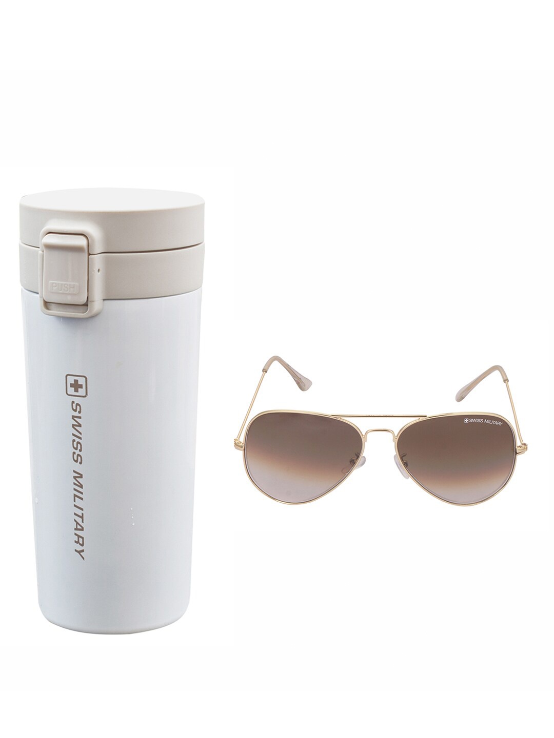 

SWISS MILITARY Men's Brown UV Protected Aviator Sunglasses & Vacuum Flasks Gift Set