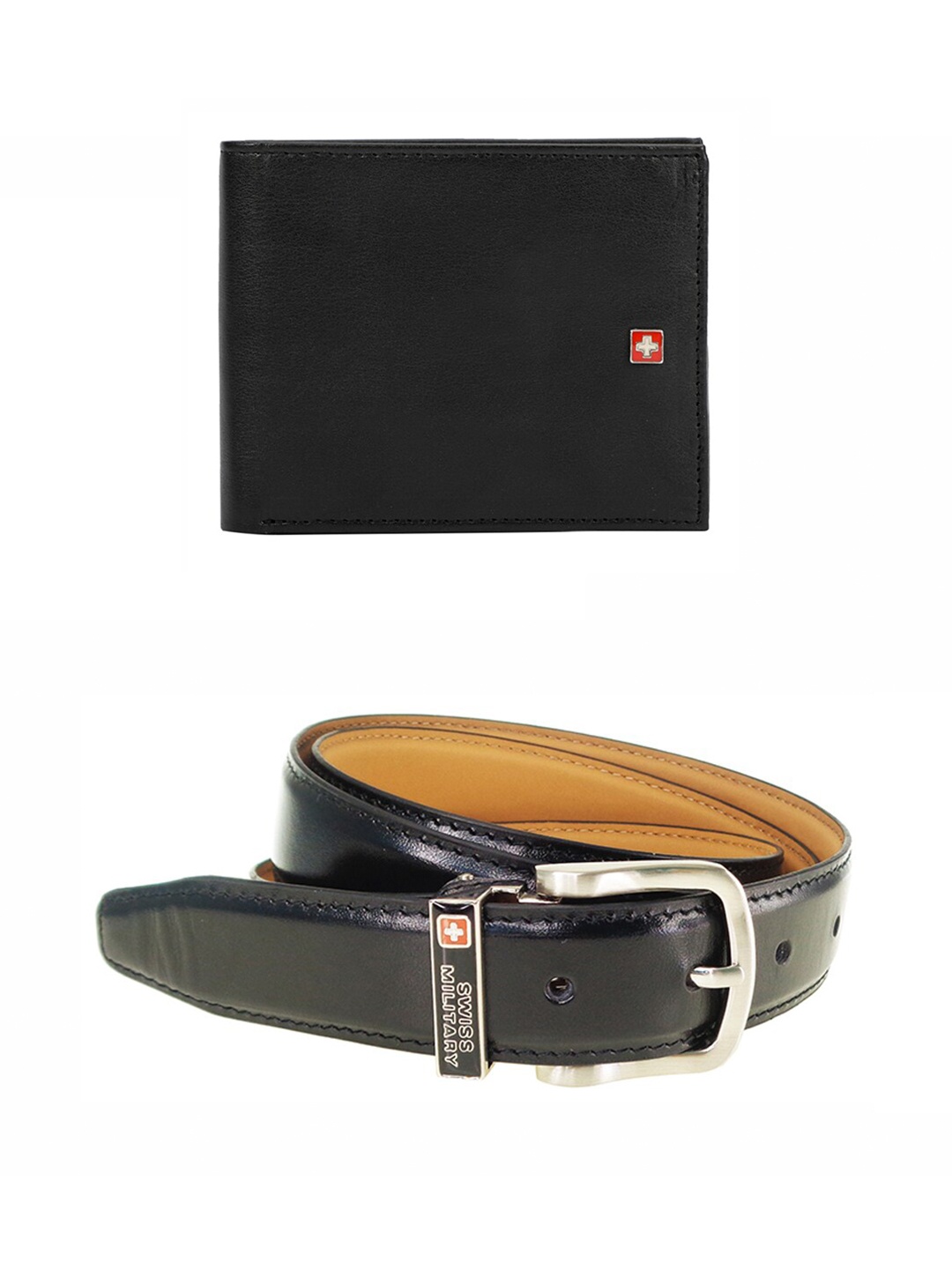 

SWISS MILITARY Pack of 2 Men's Black Leather Two Fold Wallet with Leather Belt Gift Set