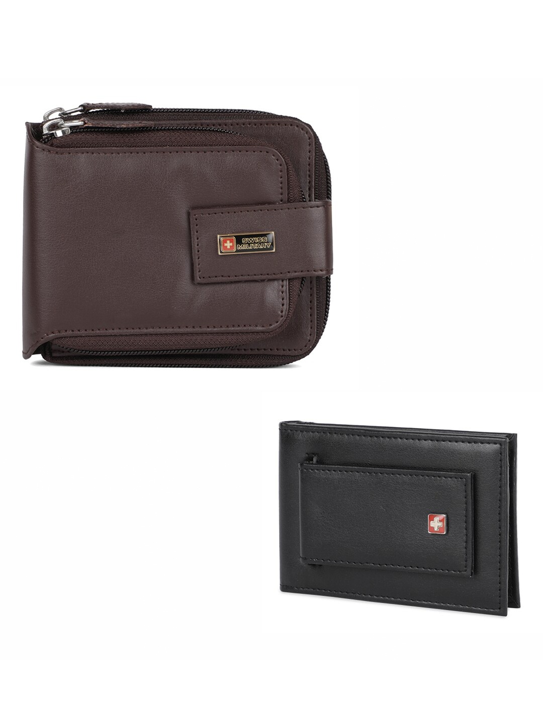 

SWISS MILITARY Men Combo Of 2 Brown & Black Leather Zip Around Wallet