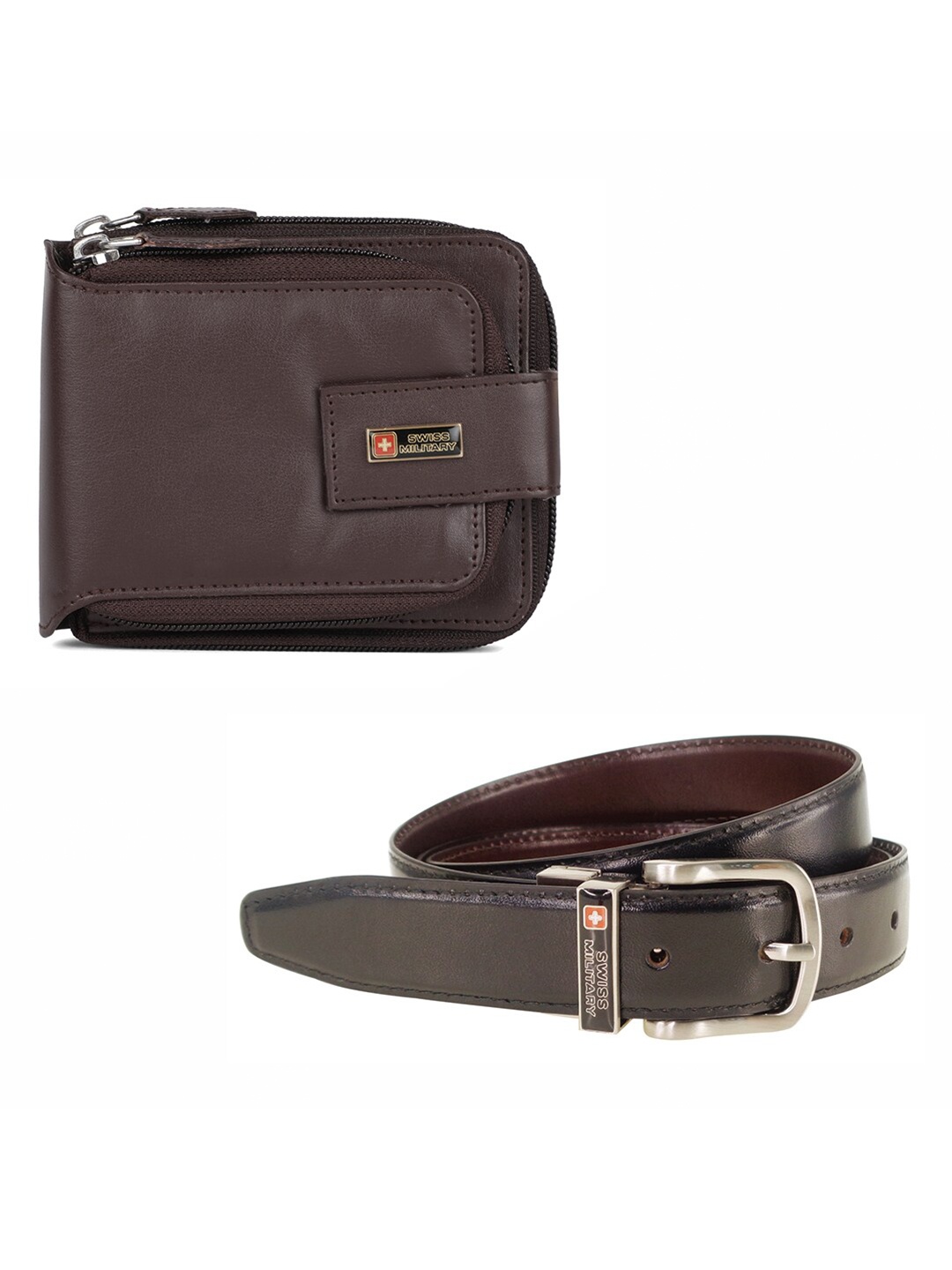 

SWISS MILITARY Pack of 2 Men's Brown Leather Two Fold Wallet with Leather Belt Gift Set