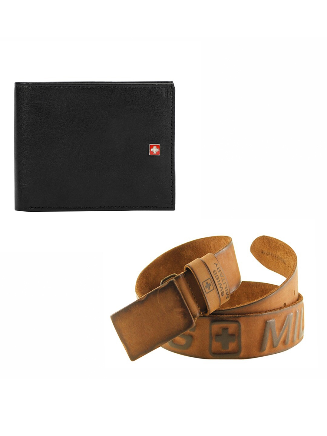 

SWISS MILITARY Pack of 2 Men's Black Leather Wallet with Brown Leather Belt Gift Set