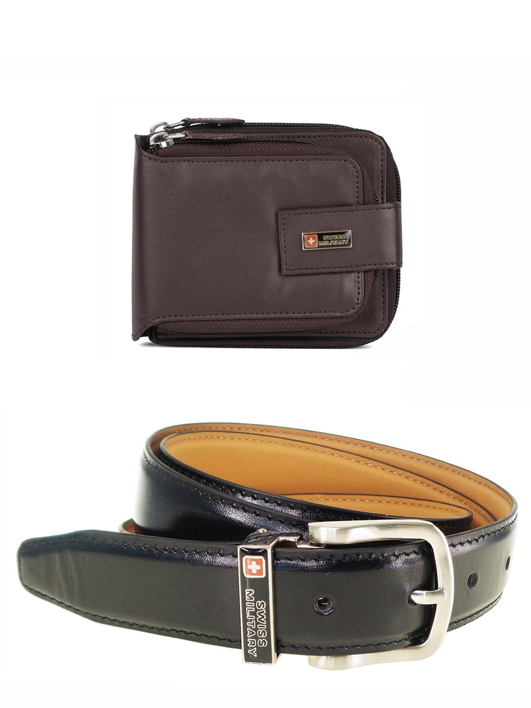 

SWISS MILITARY Pack of 2 Men's Brown Leather Wallet with Black Leather Belt Gift Set