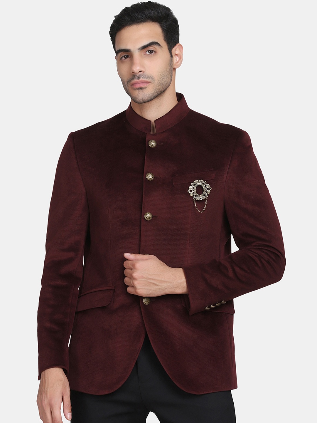 

Blackberrys Men Maroon Solid Single-Breasted Bandhgala Blazer