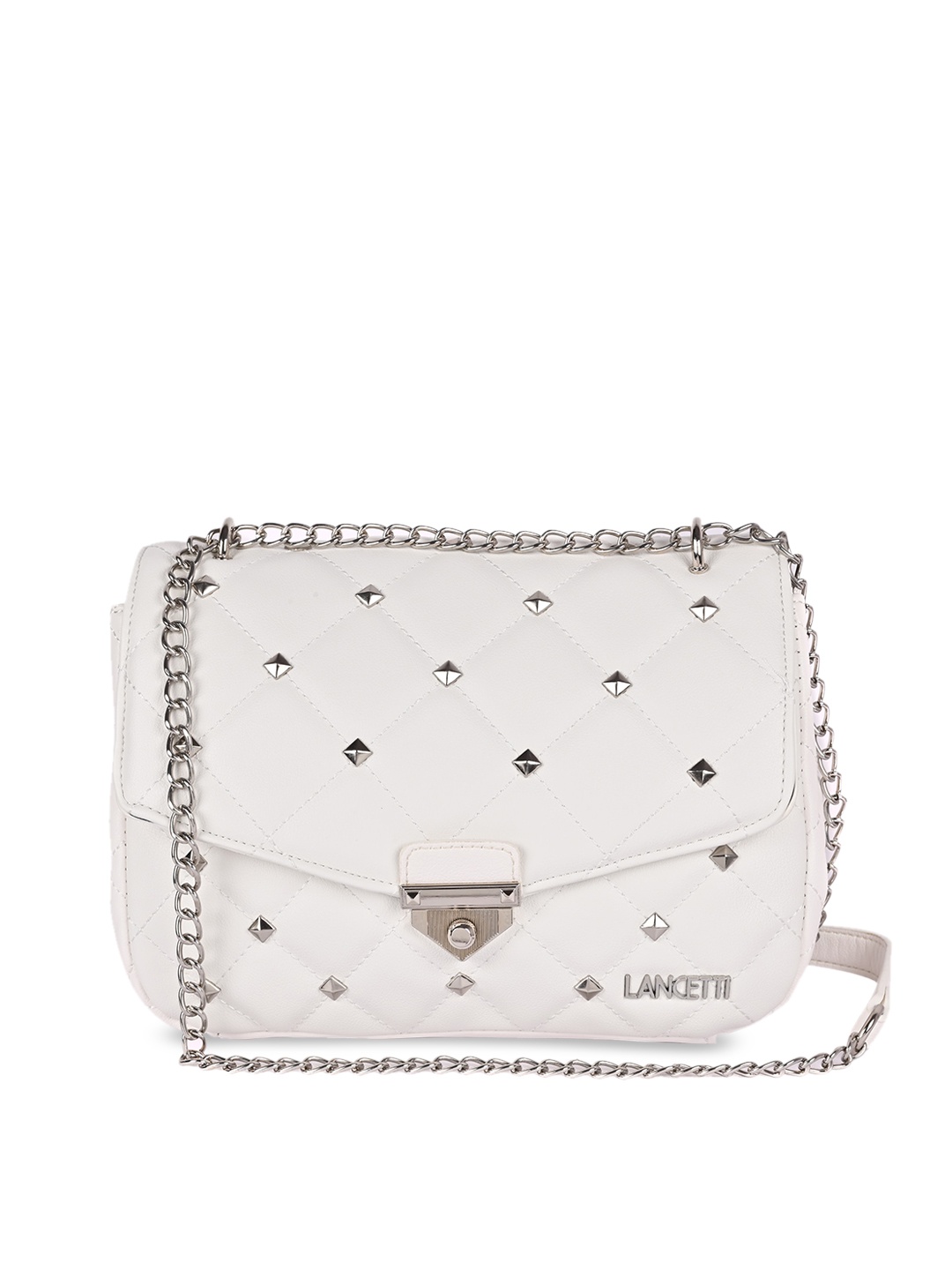 

LANCETTI Women White PU Structured Embellished Sling Bag with Quilted