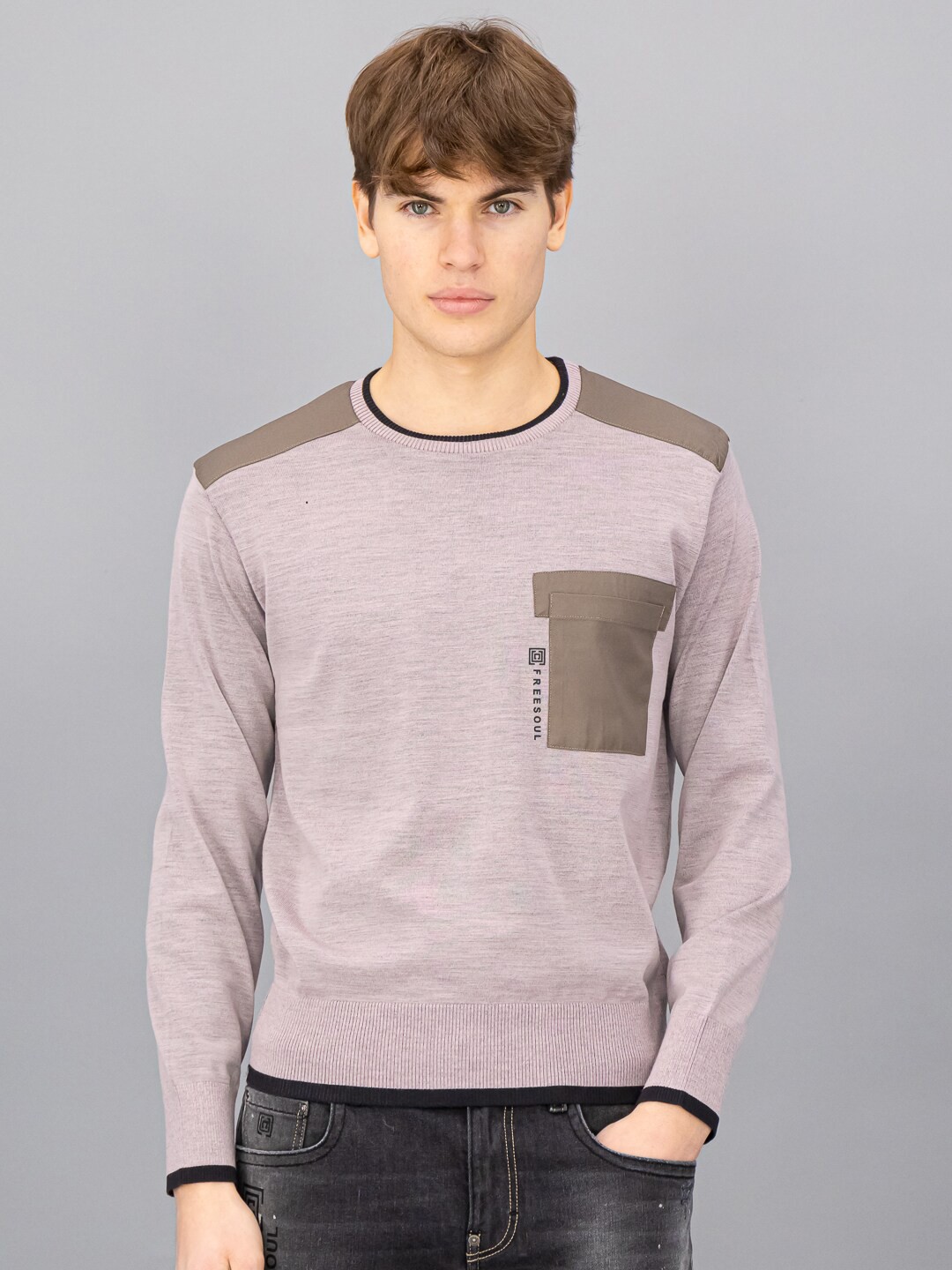 

FREESOUL Men Pink & Brown Colourblocked Pullover