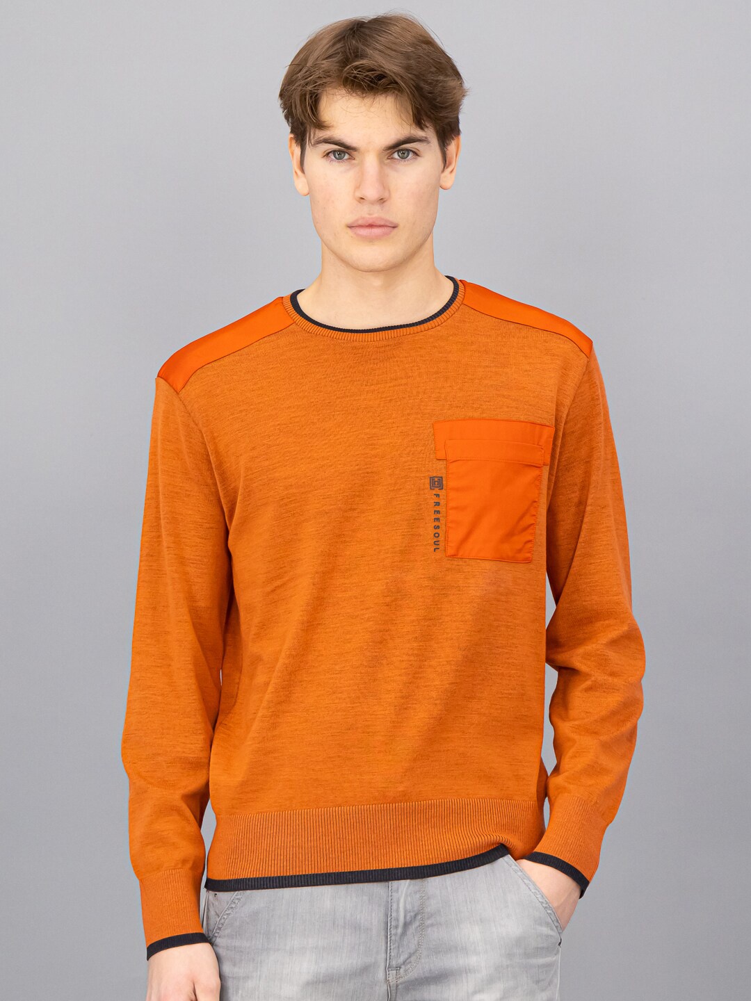 

FREESOUL Men Orange & Black Pullover