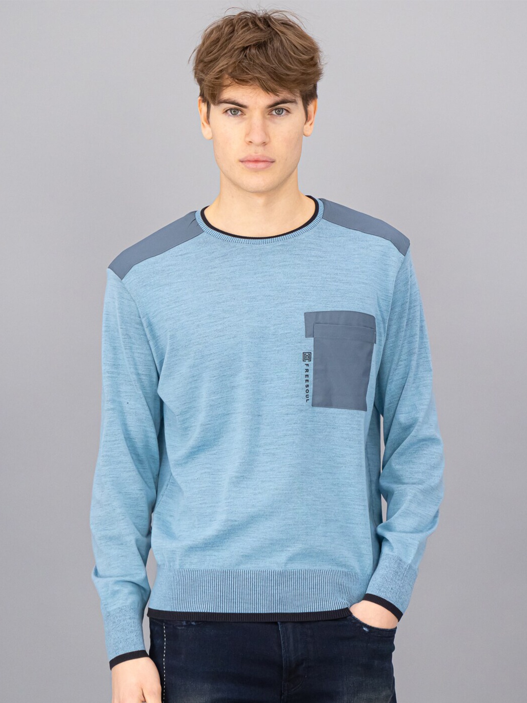 

FREESOUL Men Blue & Grey Colourblocked Pullover