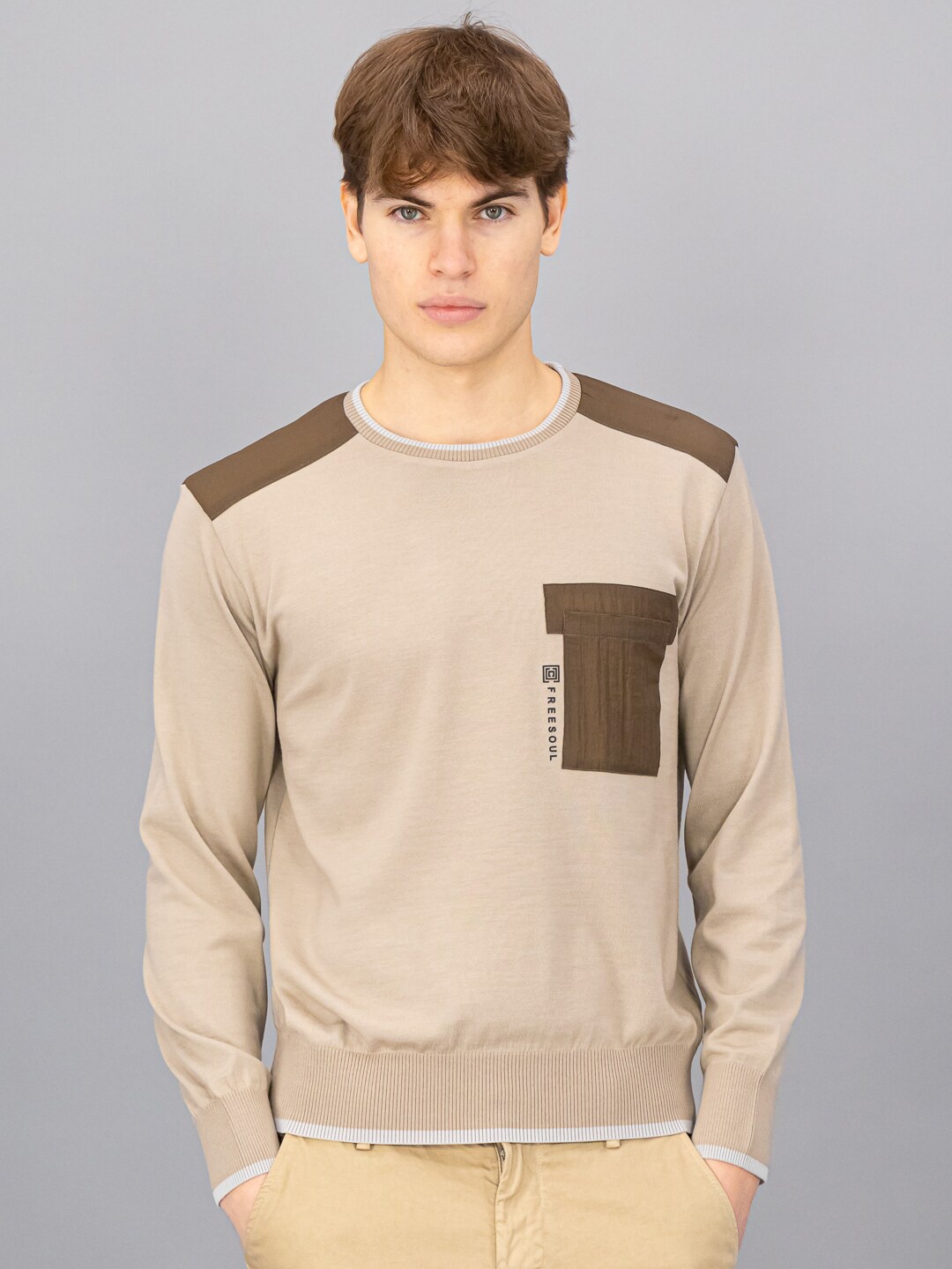 

FREESOUL Men Beige & Brown Colourblocked Pullover