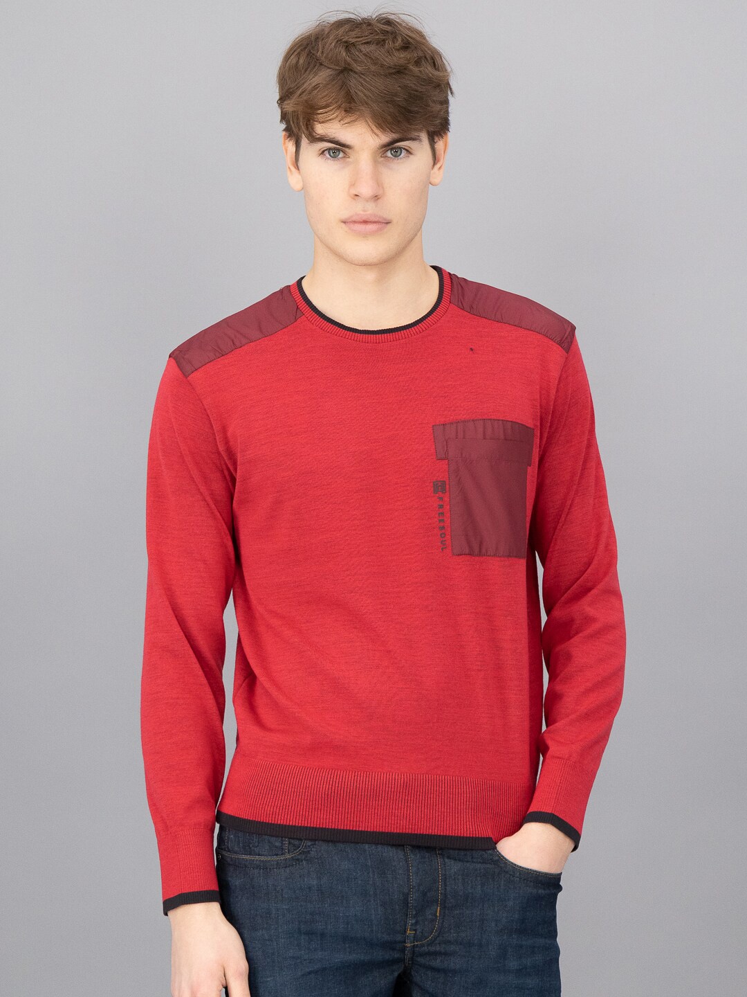 

FREESOUL Men Red & Maroon Colourblocked Pullover