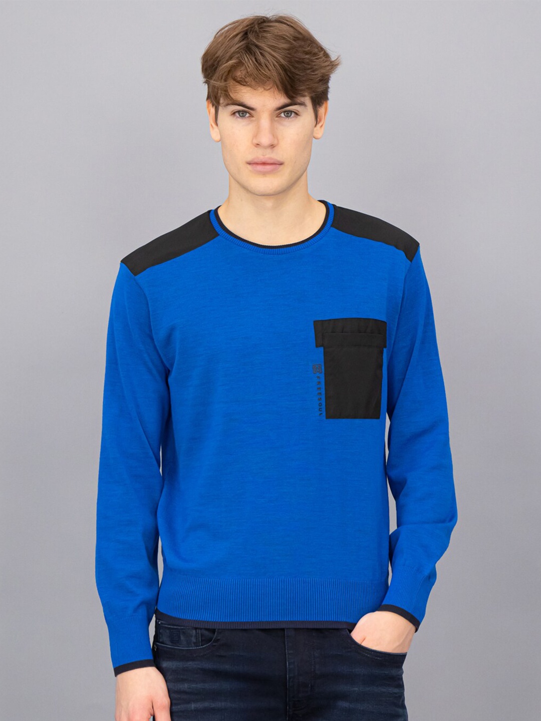 

FREESOUL Men Blue & Black Colourblocked Pullover