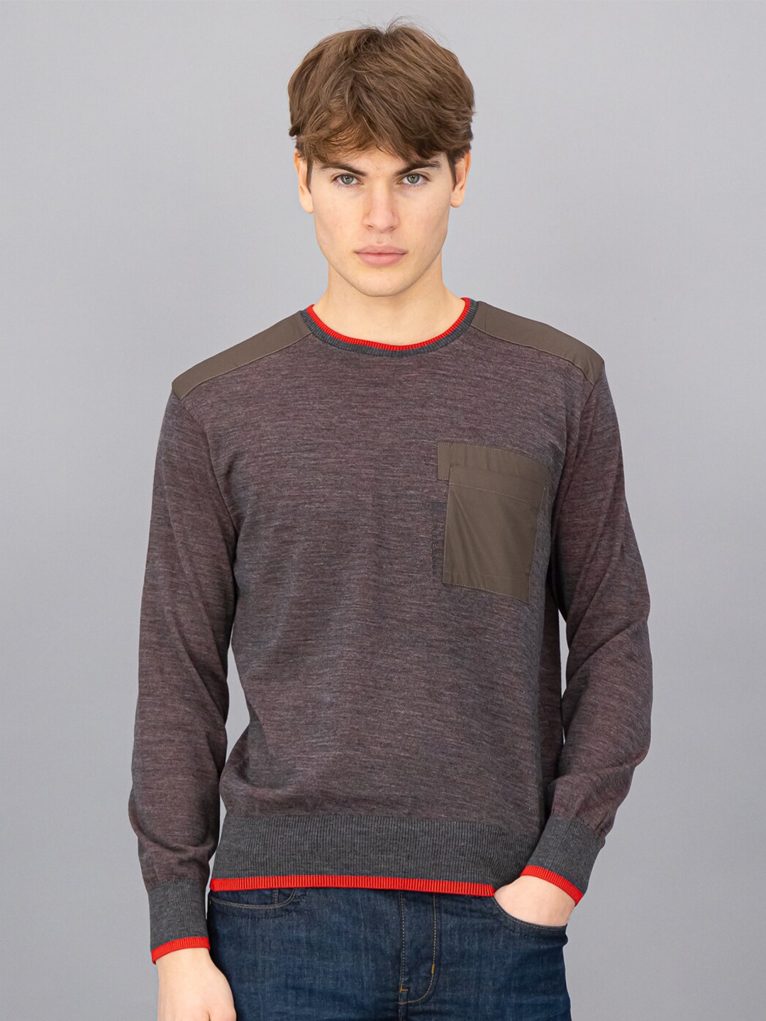 

FREESOUL Men Grey & Green Colourblocked Pullover