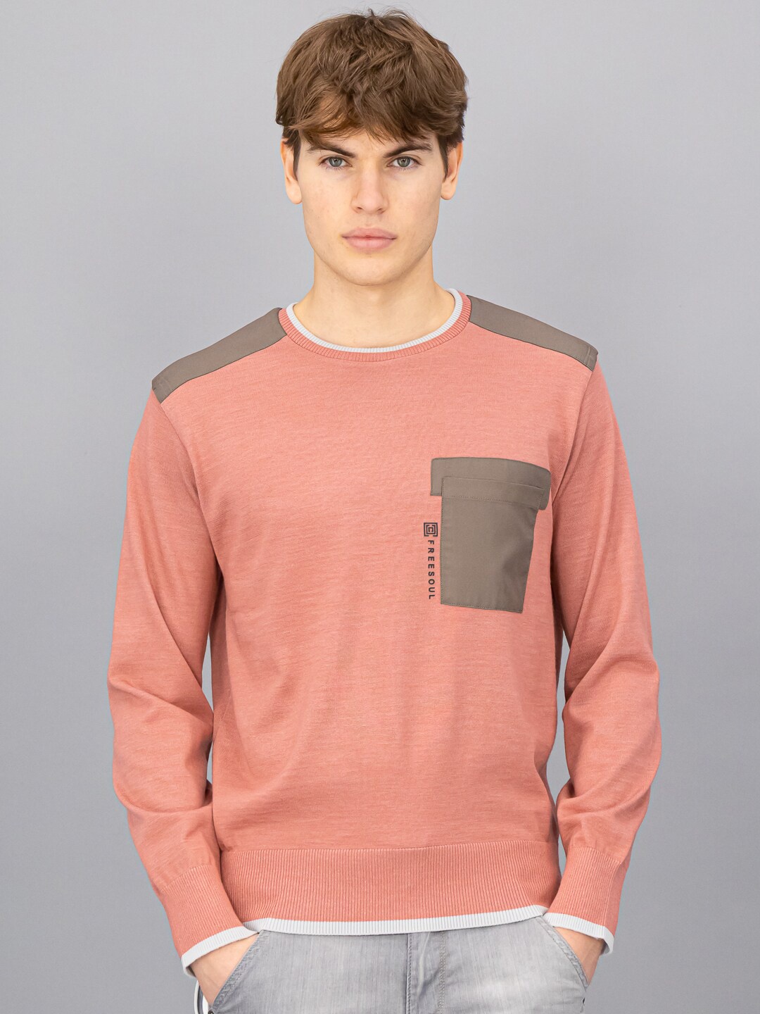 

FREESOUL Men Orange & Grey Colourblocked Pullover