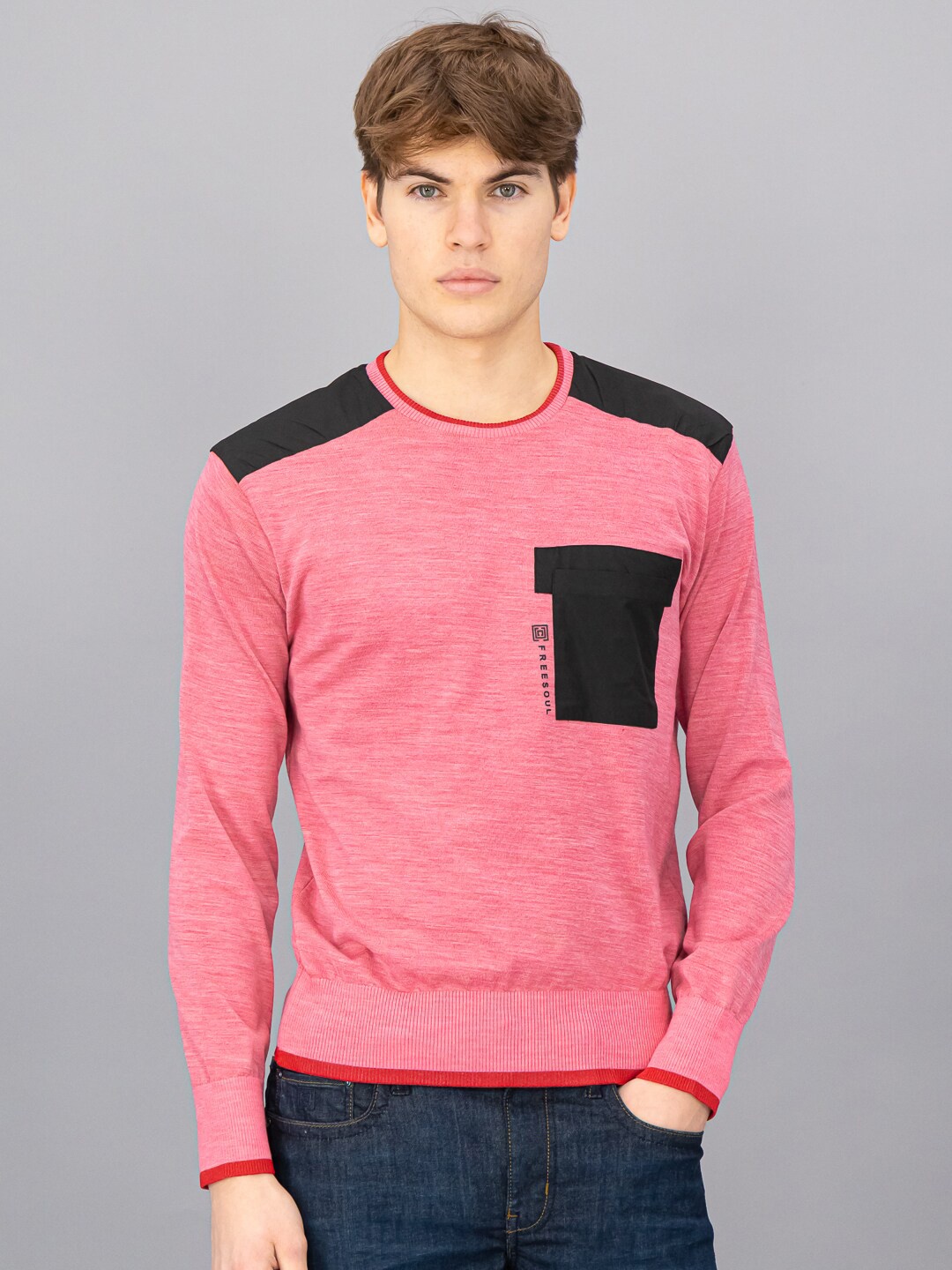 

FREESOUL Men Pink & Black Colourblocked Pullover