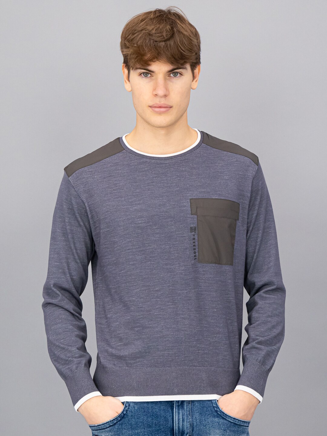 

FREESOUL Men Grey & White Colourblocked Pullover