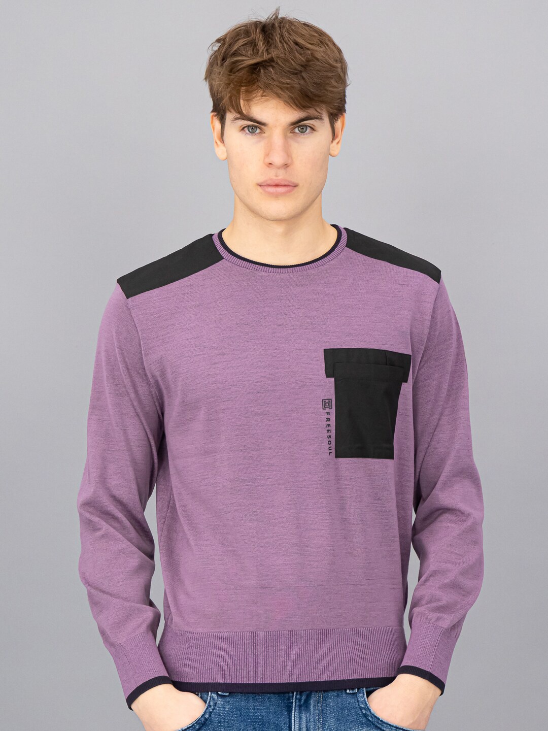 

FREESOUL Men Purple & Black Wool Colourblocked Pullover