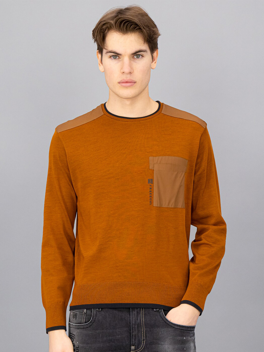 

FREESOUL Men Orange & Black Wool Colourblocked Pullover