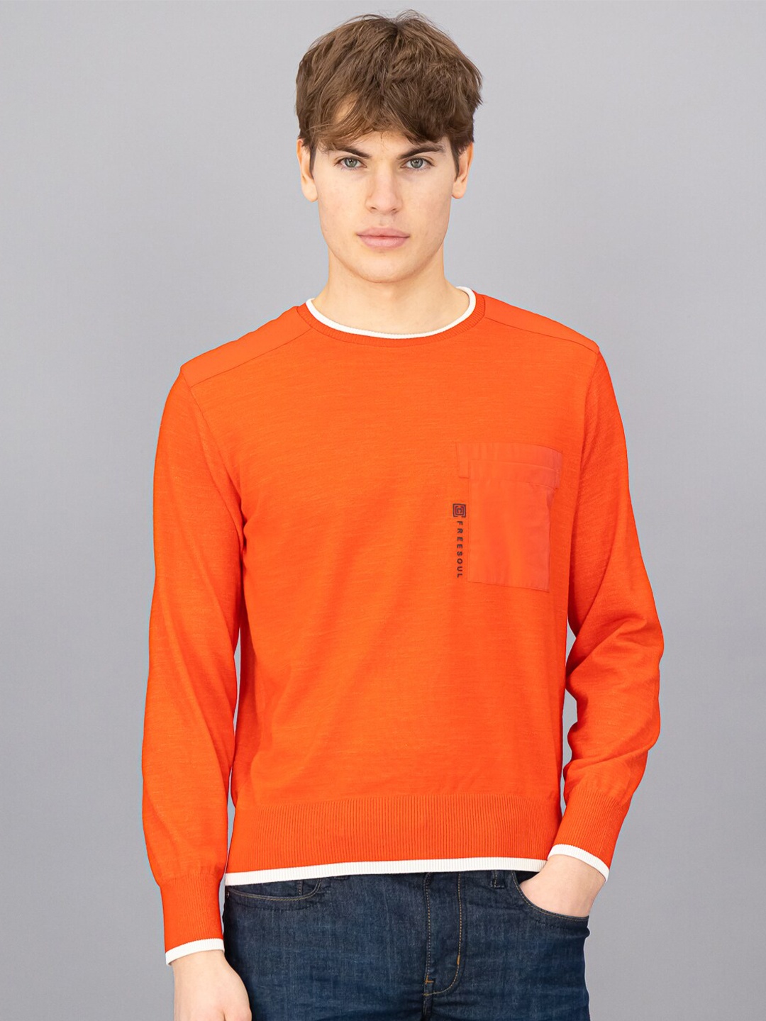 

FREESOUL Men Orange & White Pullover