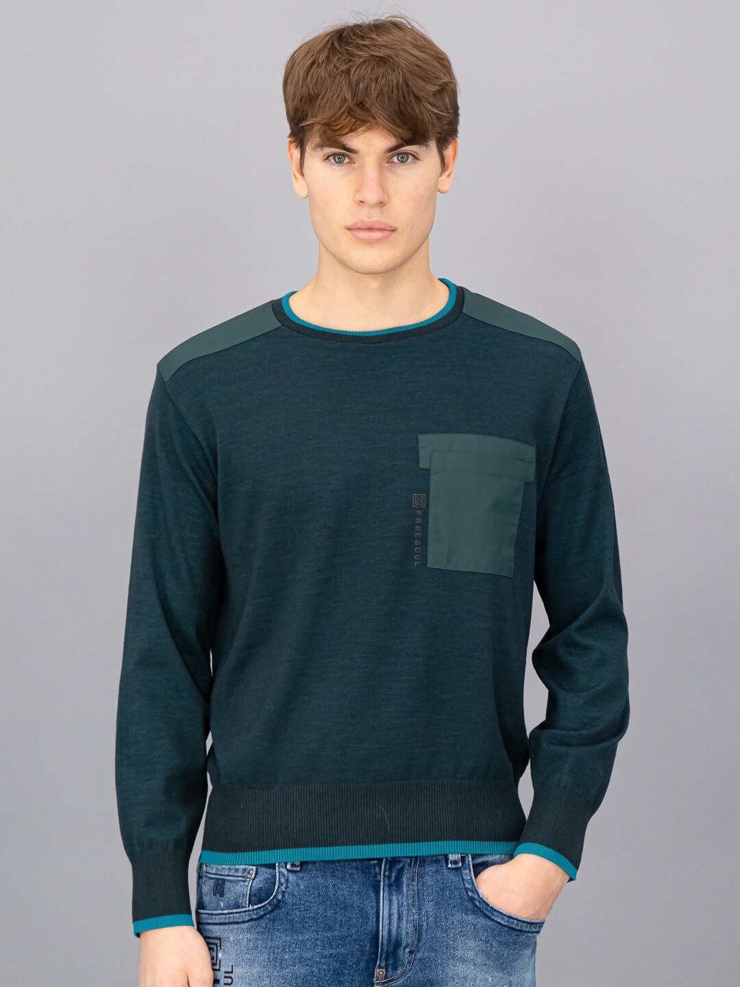 

FREESOUL Men Green & Blue Pullover
